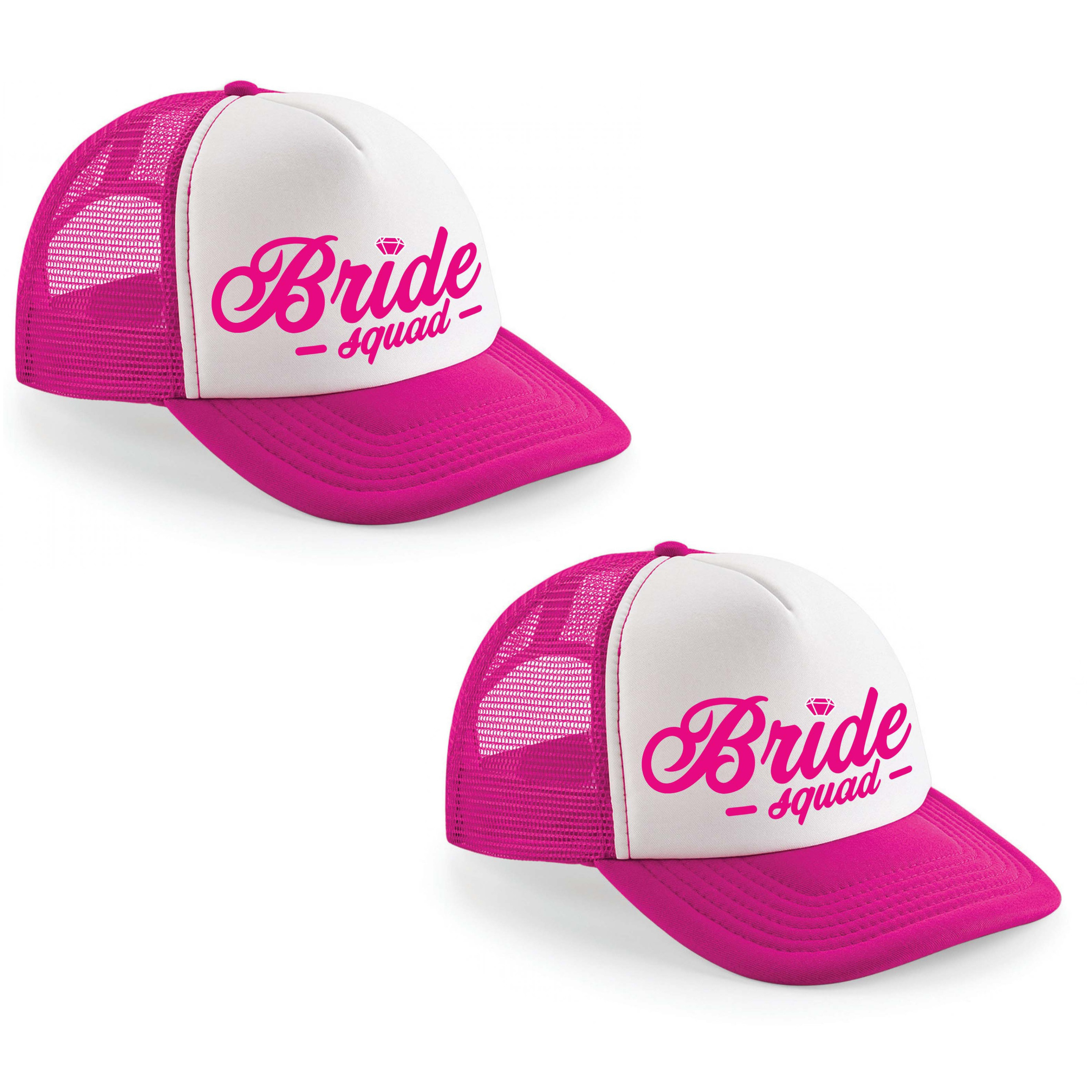 8x stuks roze fuchsia/ wit Bride Squad script snapback cap/ truckers pet dames - Vrijgezellenfeest p -