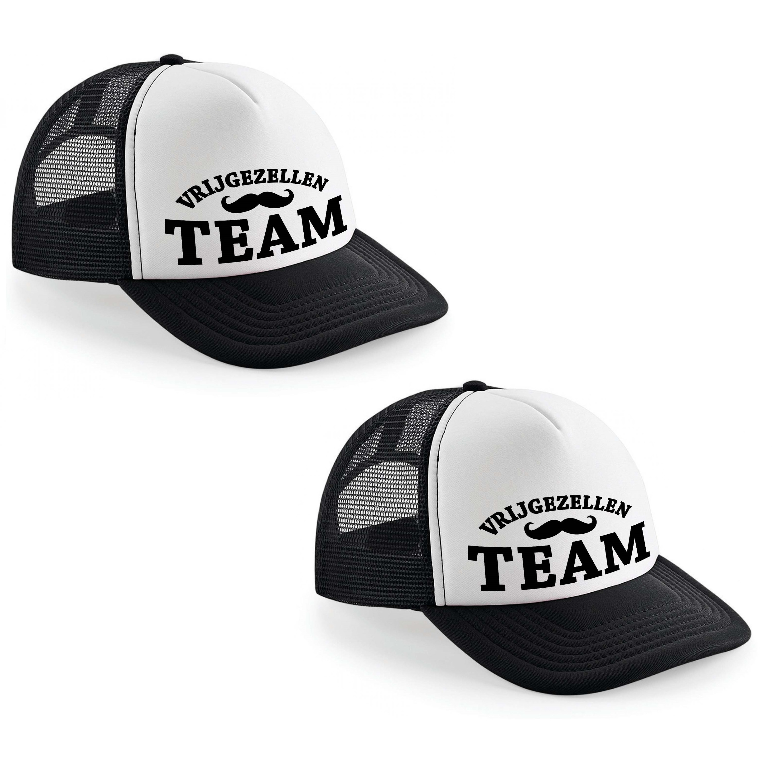 8x stuks zwart/ wit Vrijgezellen Team snapback cap/ truckers pet heren - Vrijgezellenfeest petjes -