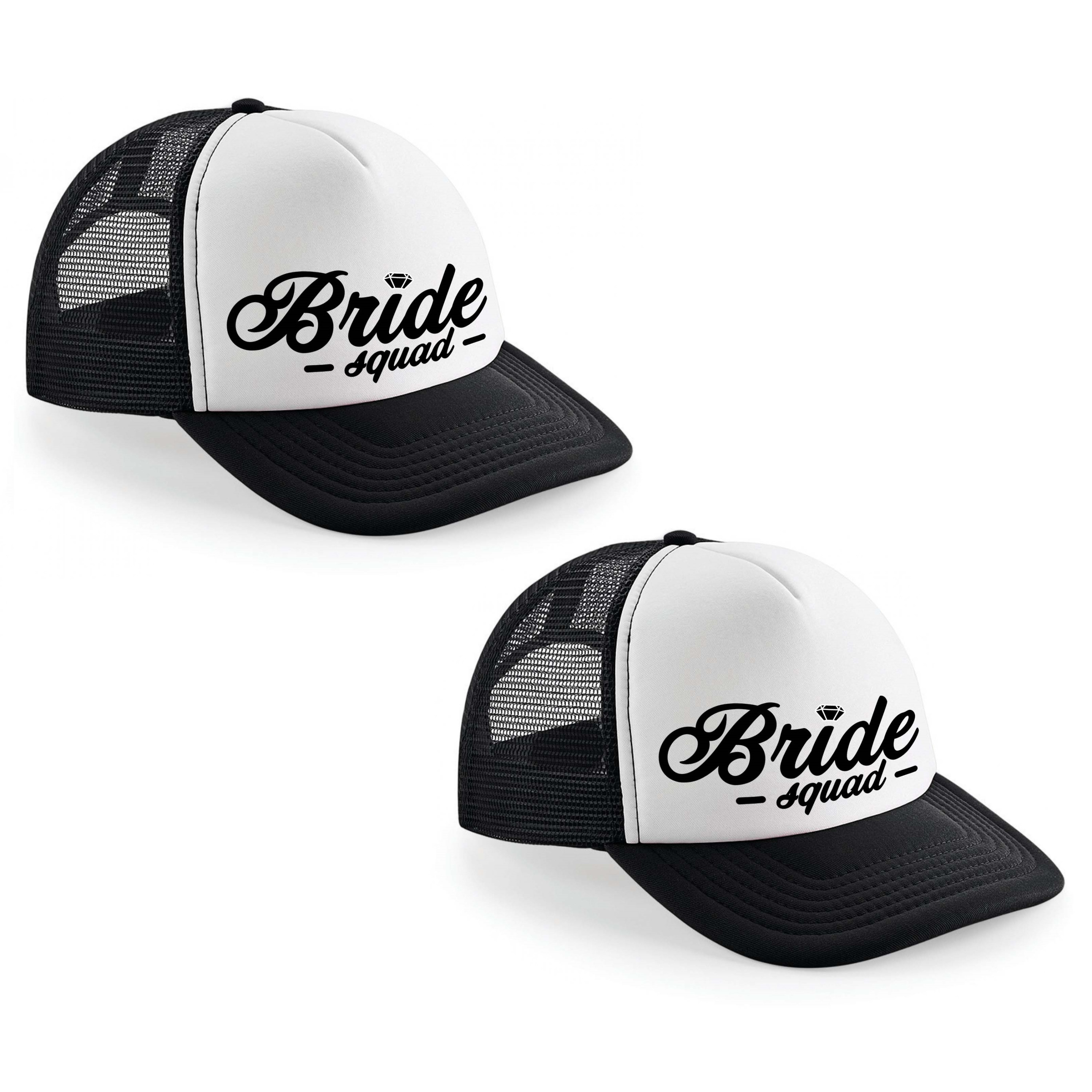8x stuks zwart/ wit Bride Squad script snapback cap/ truckers pet dames - Vrijgezellenfeest petjes -