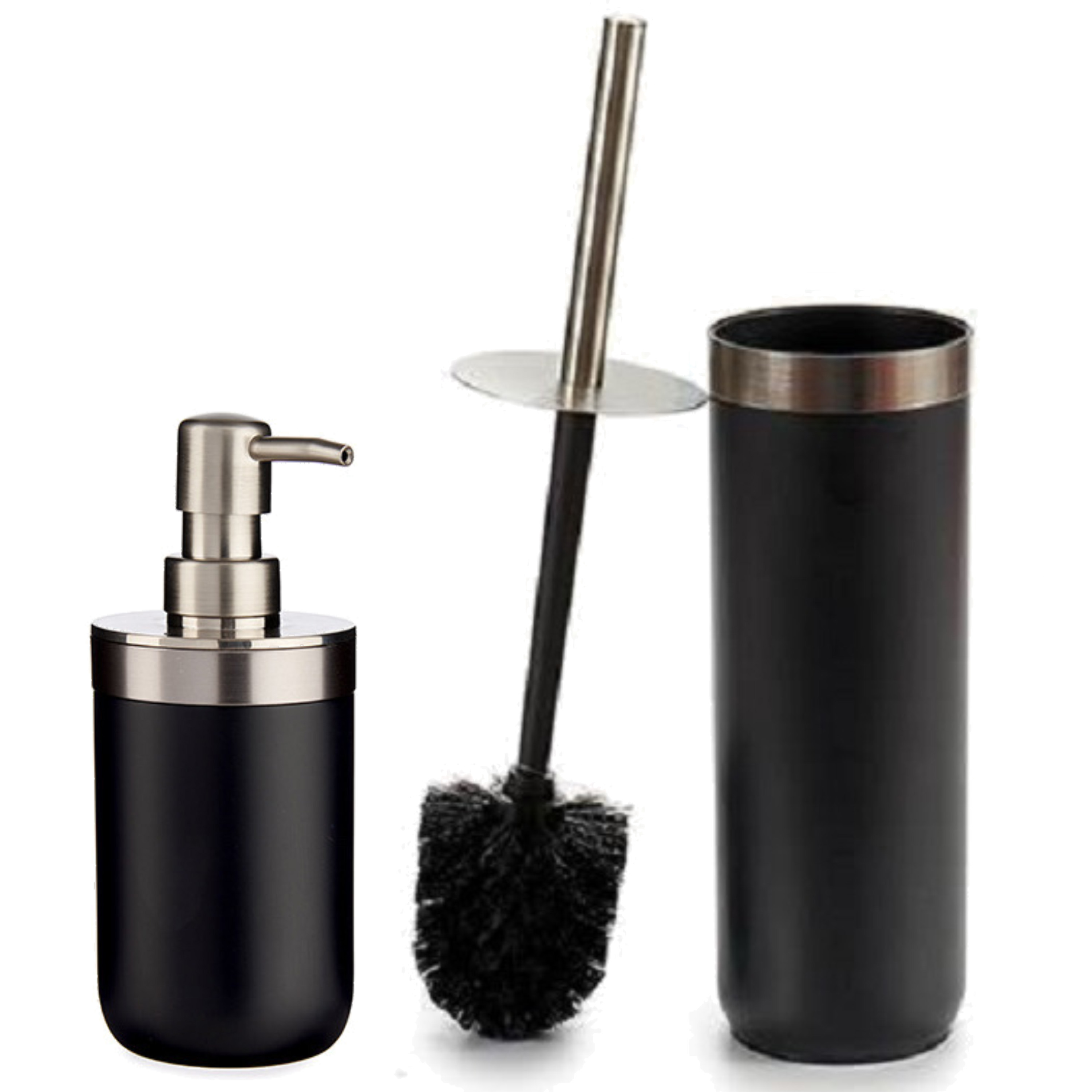 Badkamer accessoires set 2-delig zwart zeeppompje en toiletborstel -