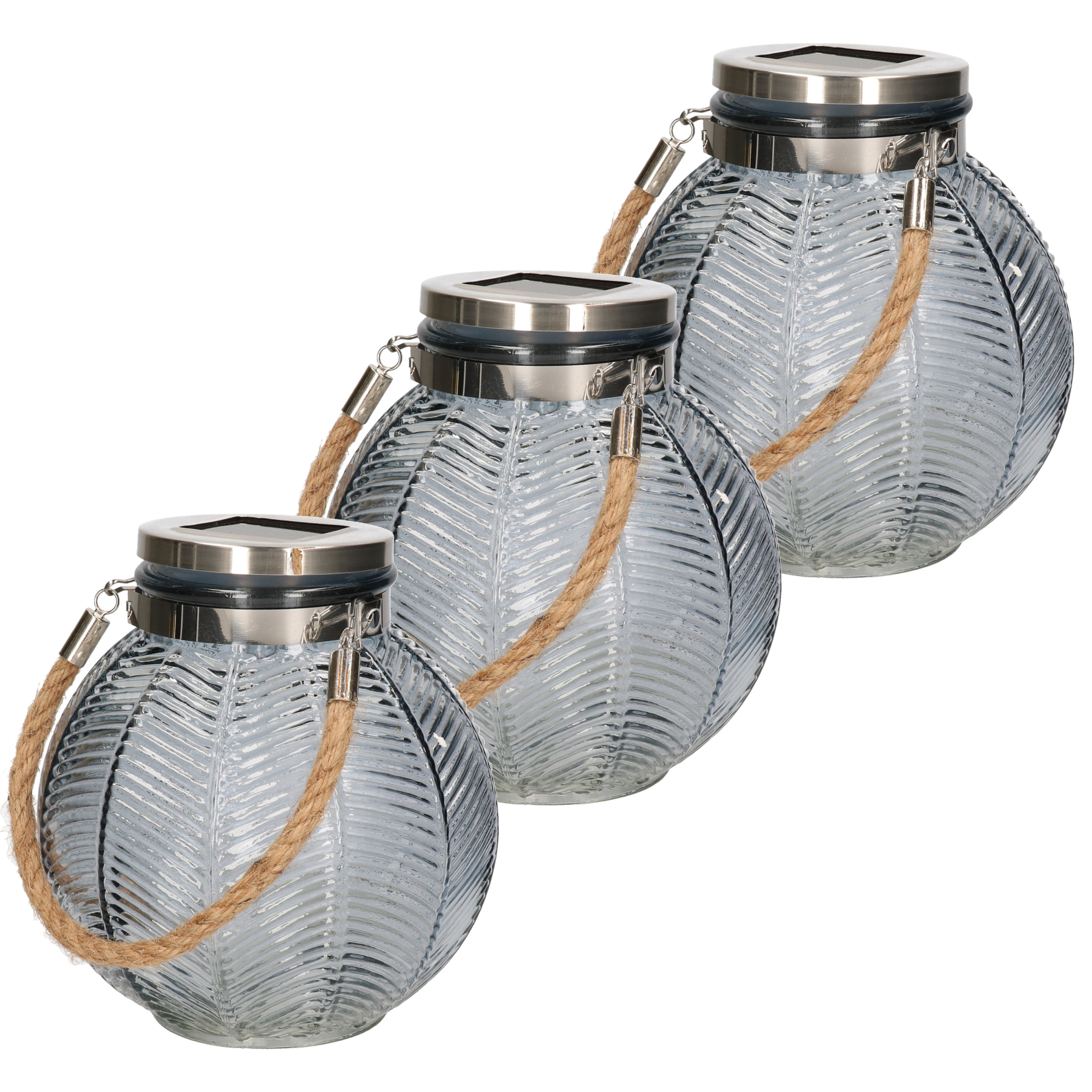 3x stuks grijze solar lantaarn van gestreept glas rond 16 cm -
