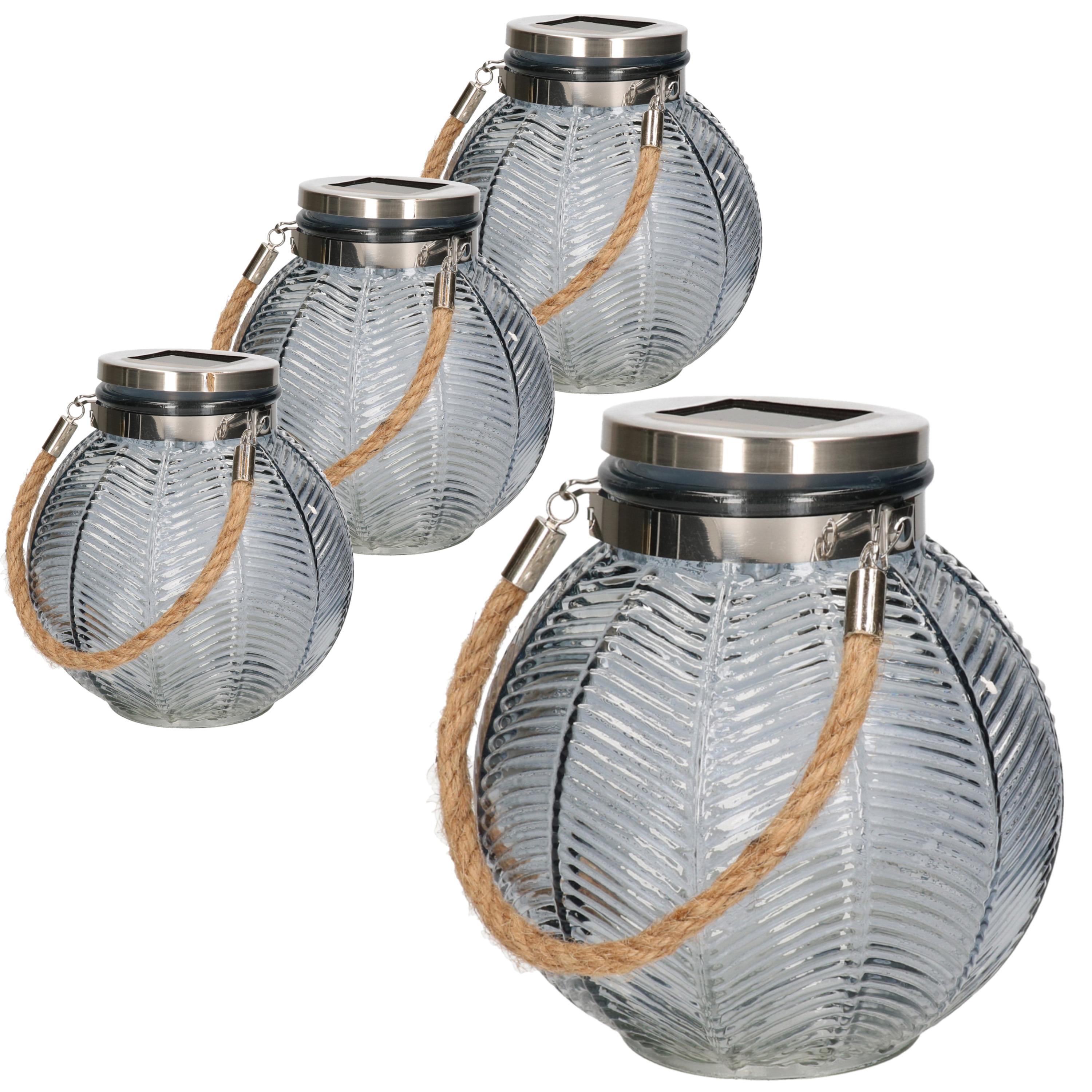 4x stuks grijze solar lantaarn van gestreept glas rond 16 cm -