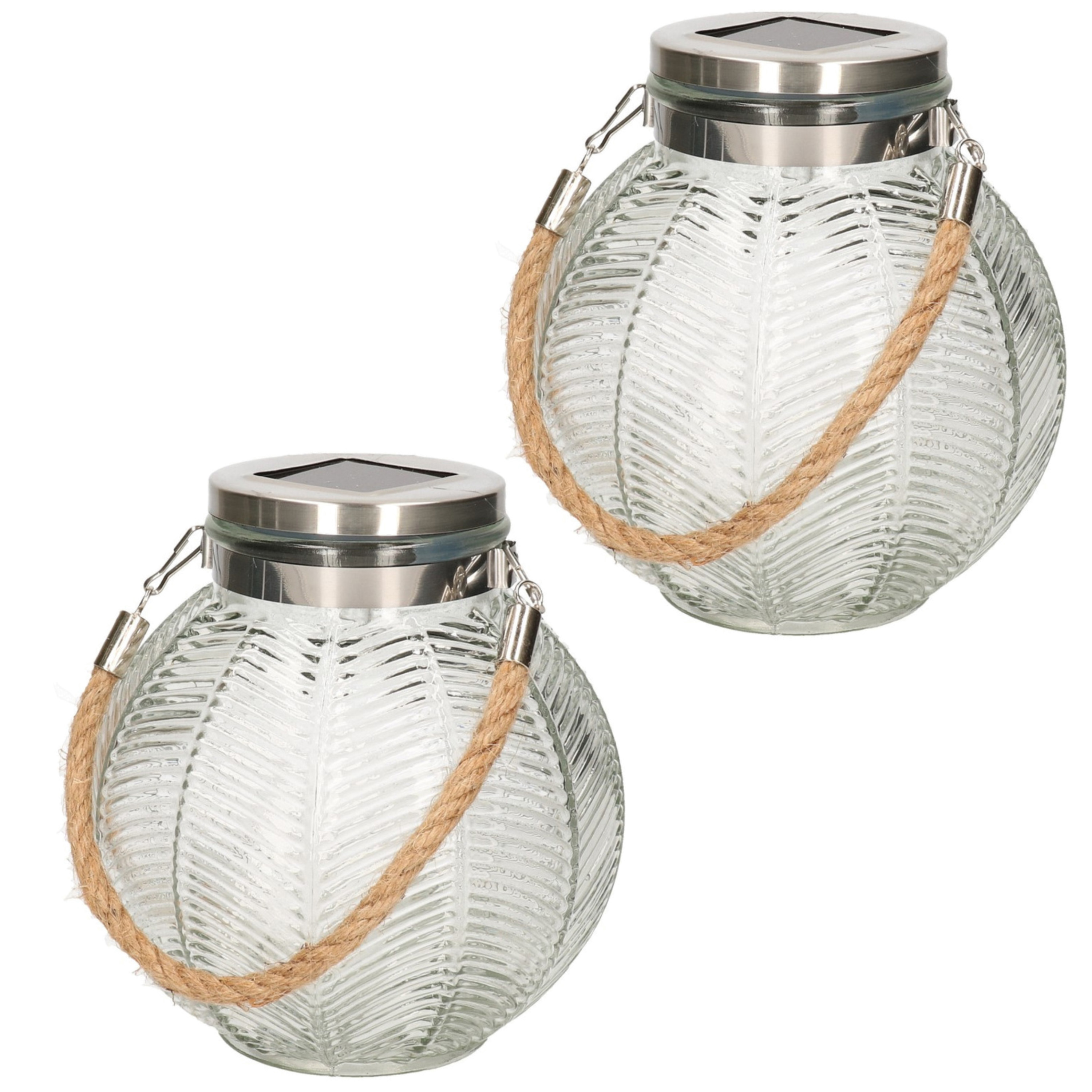 2x stuks transparante solar lantaarn van gestreept glas rond 16 cm -