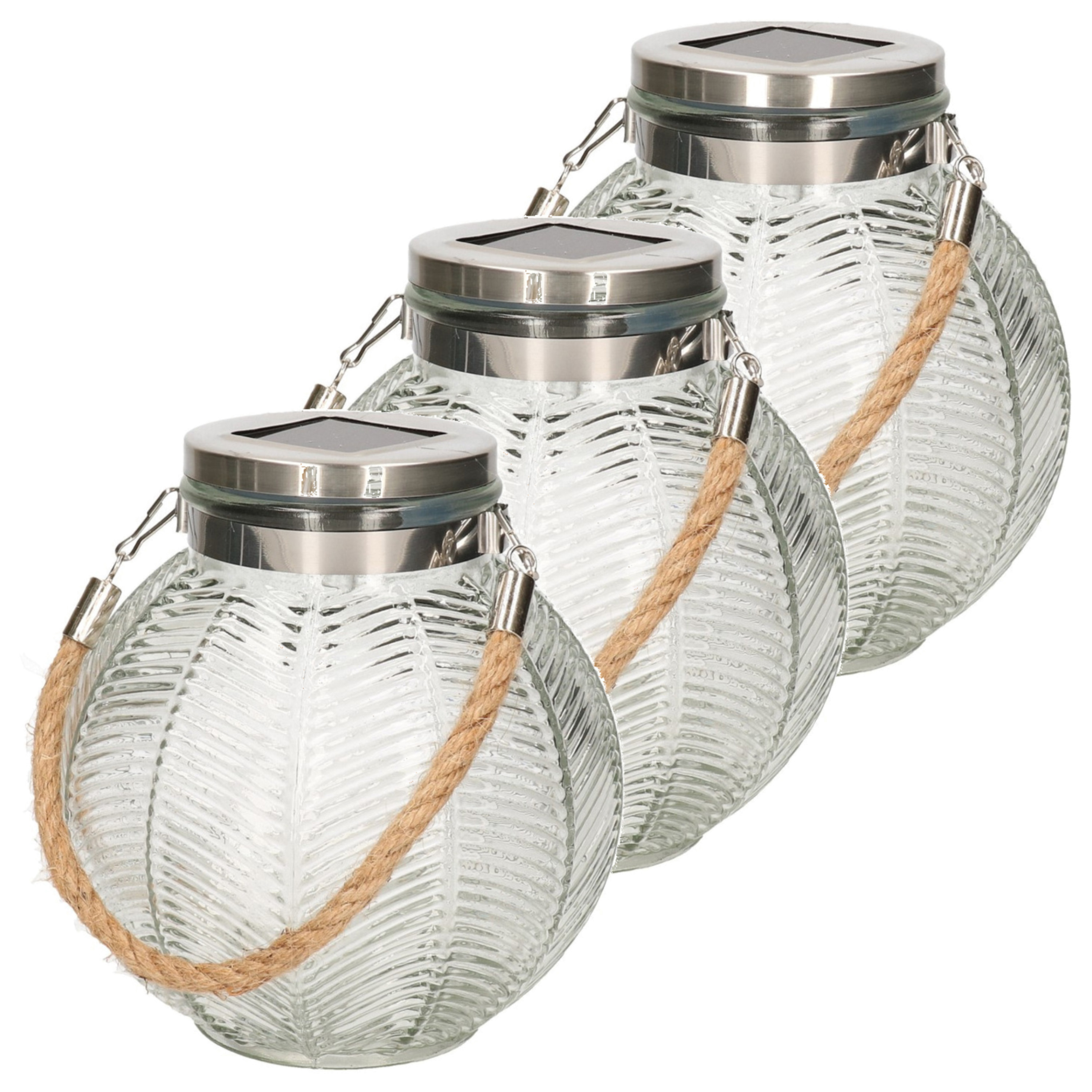 3x stuks transparante solar lantaarn van gestreept glas rond 16 cm -