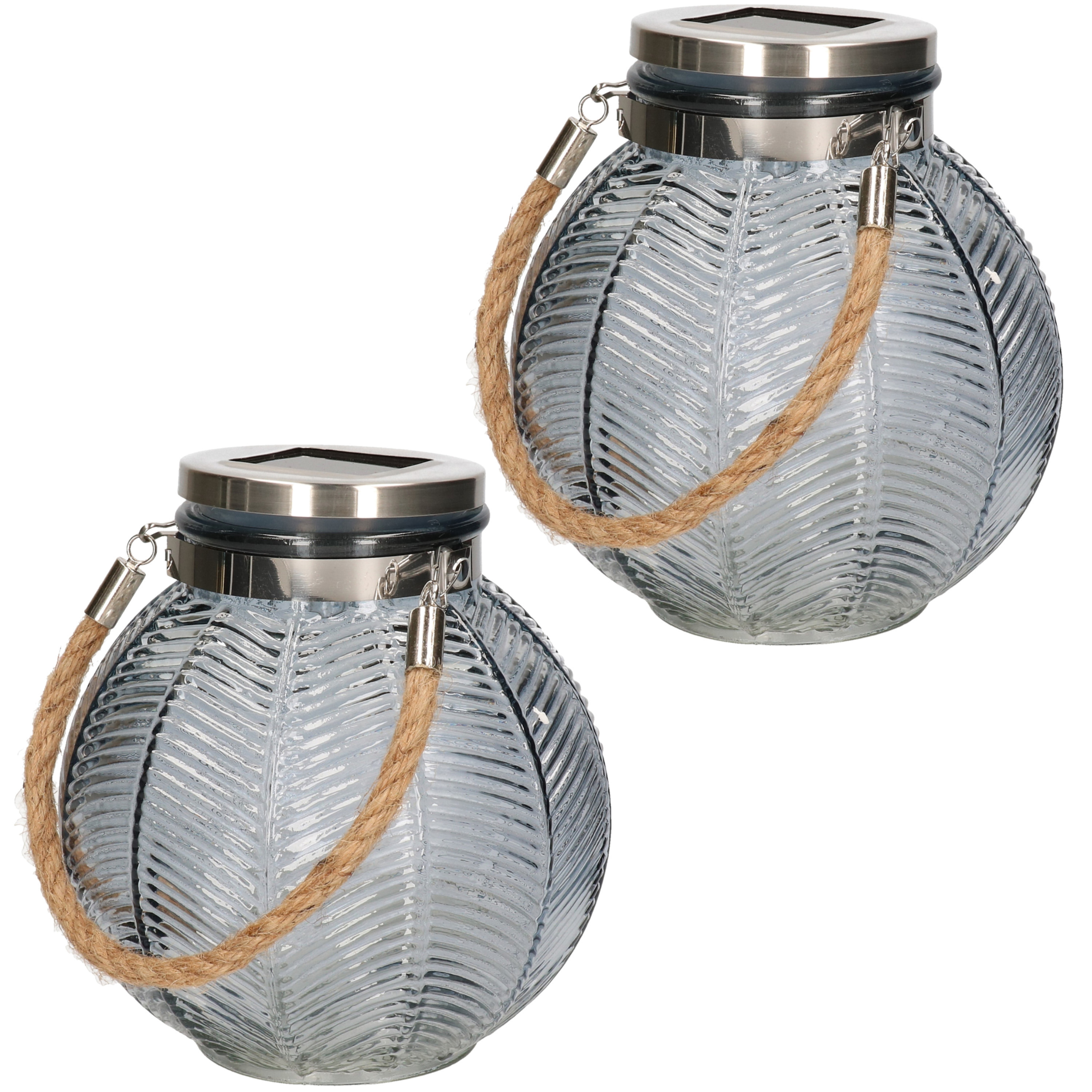 2x stuks grijze solar lantaarn van gestreept glas rond 16 cm -