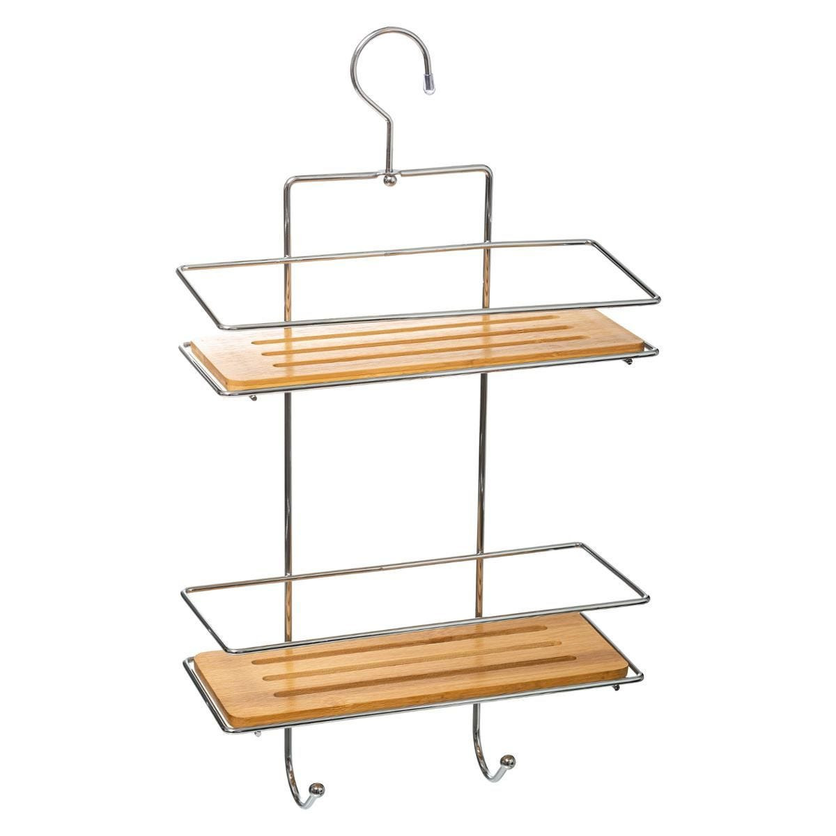 Doucherekje/badkamerrekje 2 lagen metaal/bamboe met ophanghaak 26 x 11 x 46 cm -