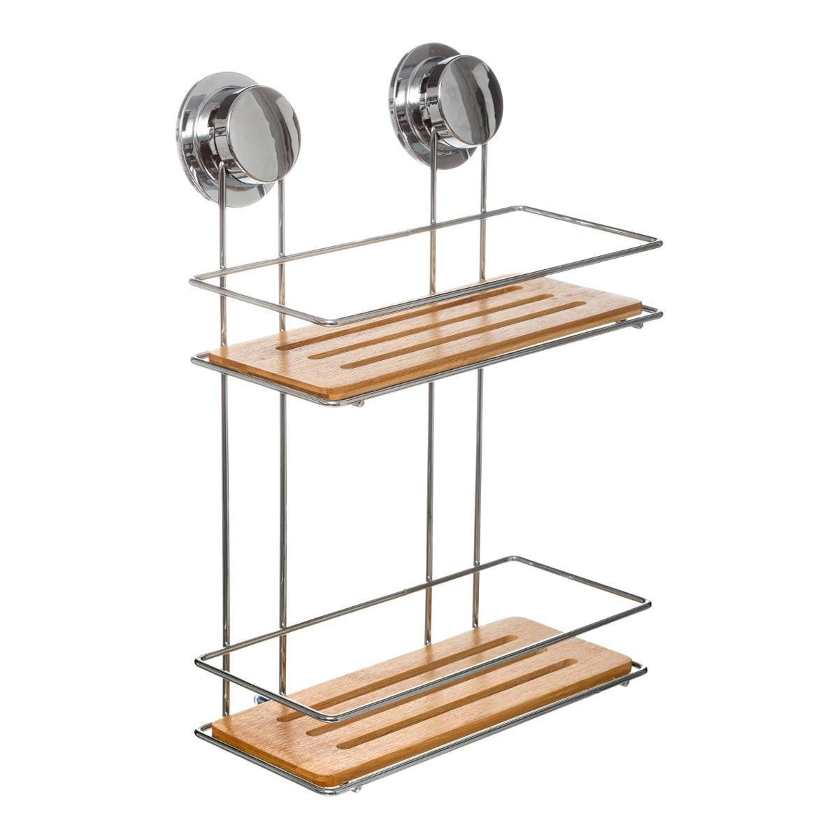 Doucherekje/badkamerrekje 2 lagen metaal/bamboe hout met zuignappen 25 x 13 x 36 cm -