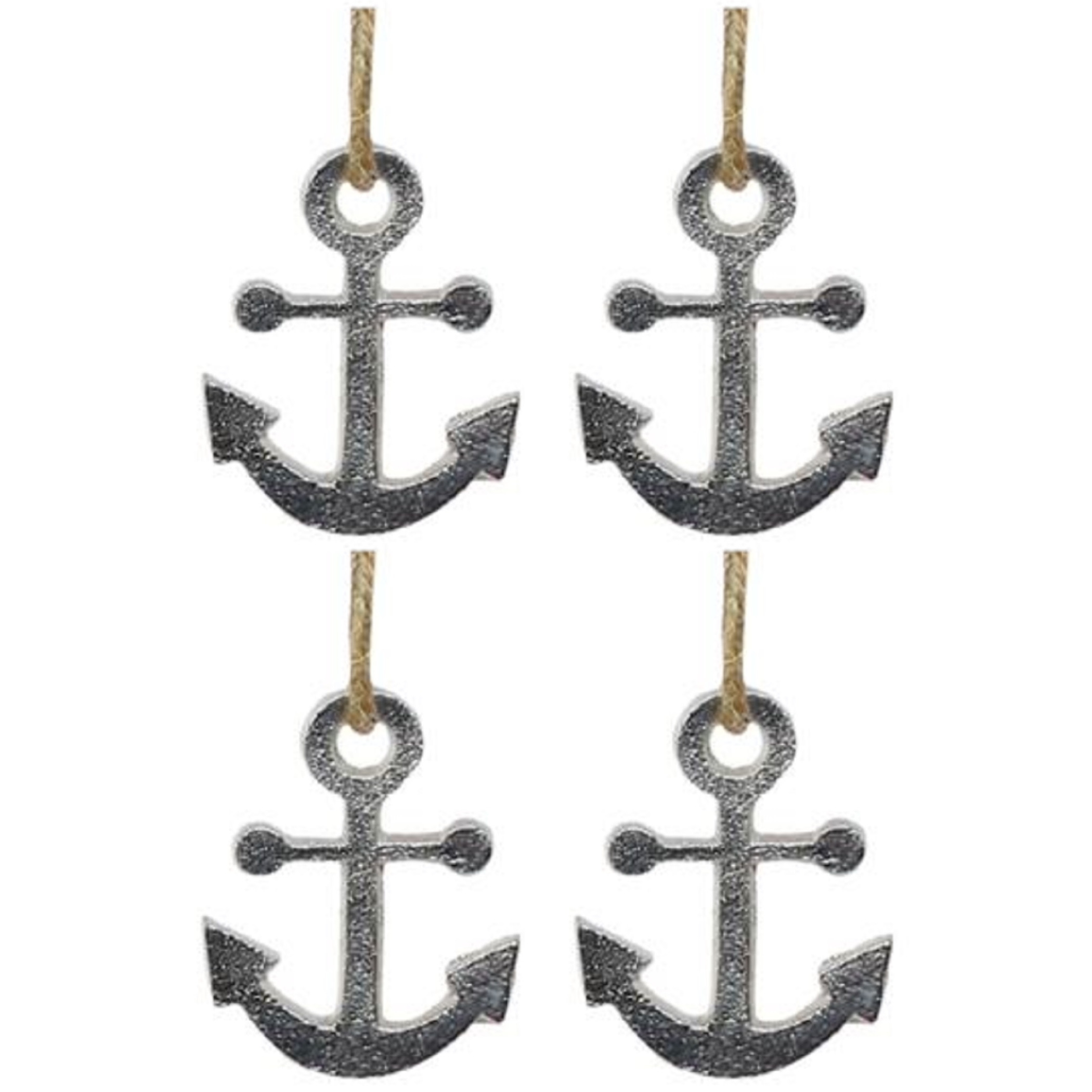 4x Zilveren anker hangertjes aan jute touw 6 cm -
