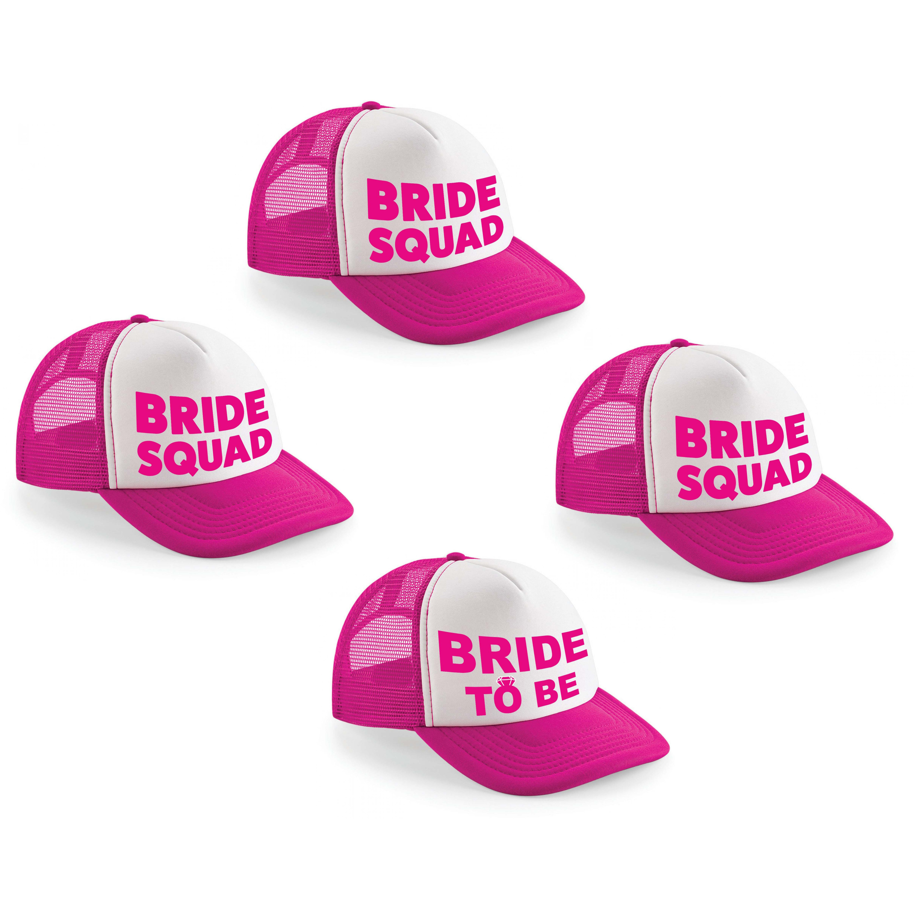 Vrijgezellenfeest dames petjes pakket sierlijk - 1x Bride to Be roze + 7x Bride Squad roze -