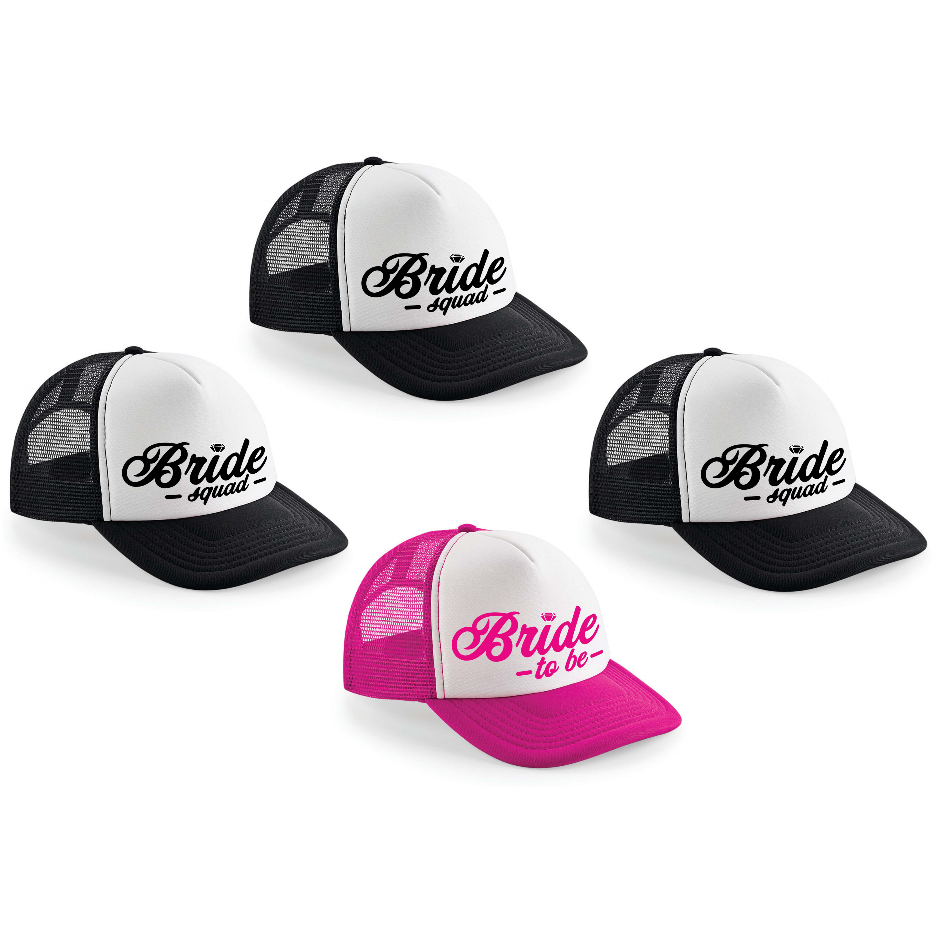 Vrijgezellenfeest dames petjes pakket sierlijk - 1x Bride to Be roze + 9x Bride Squad zwart -