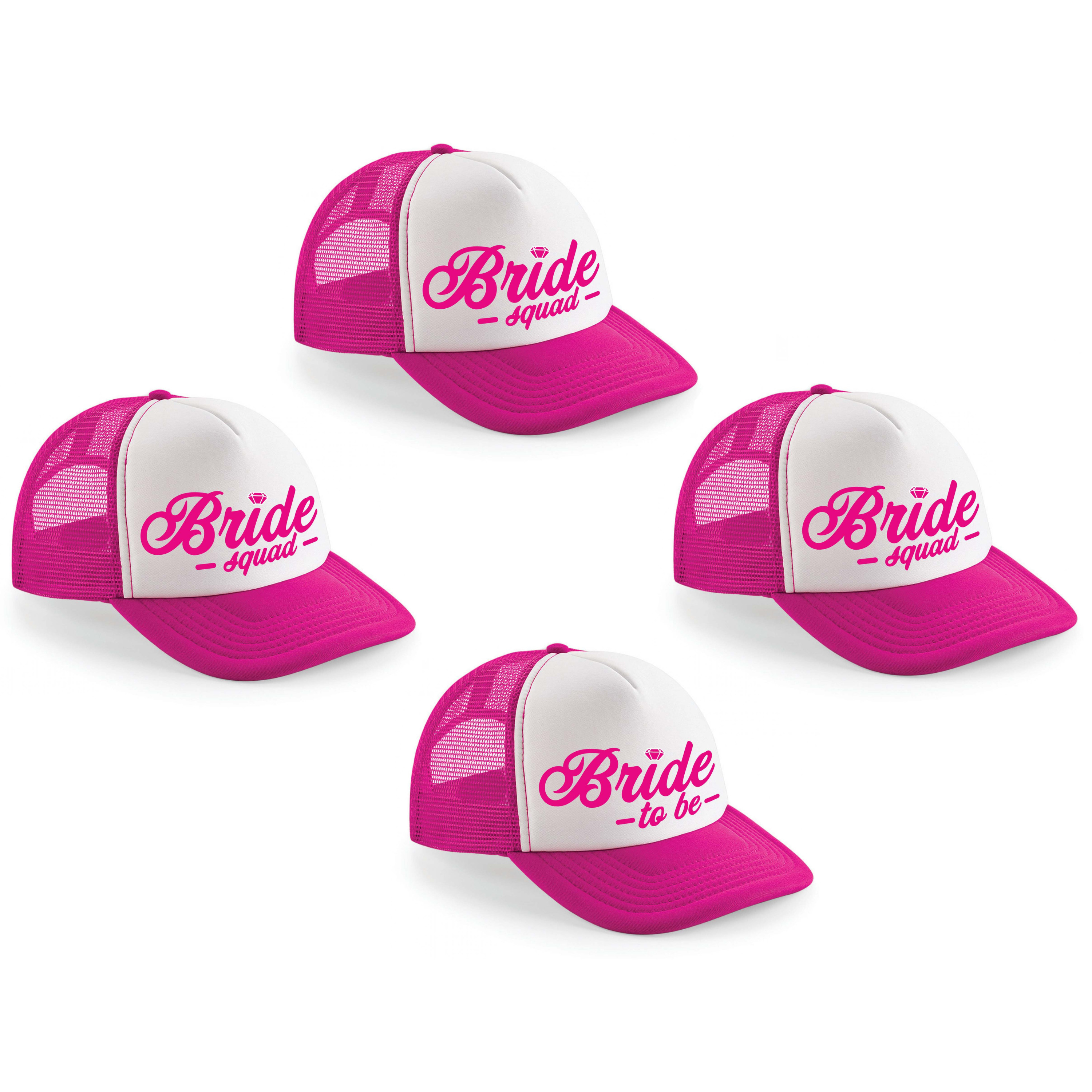 Vrijgezellenfeest dames petjes pakket sierlijke letters - 1x Bride to Be roze + 7x Bride Squad roze -