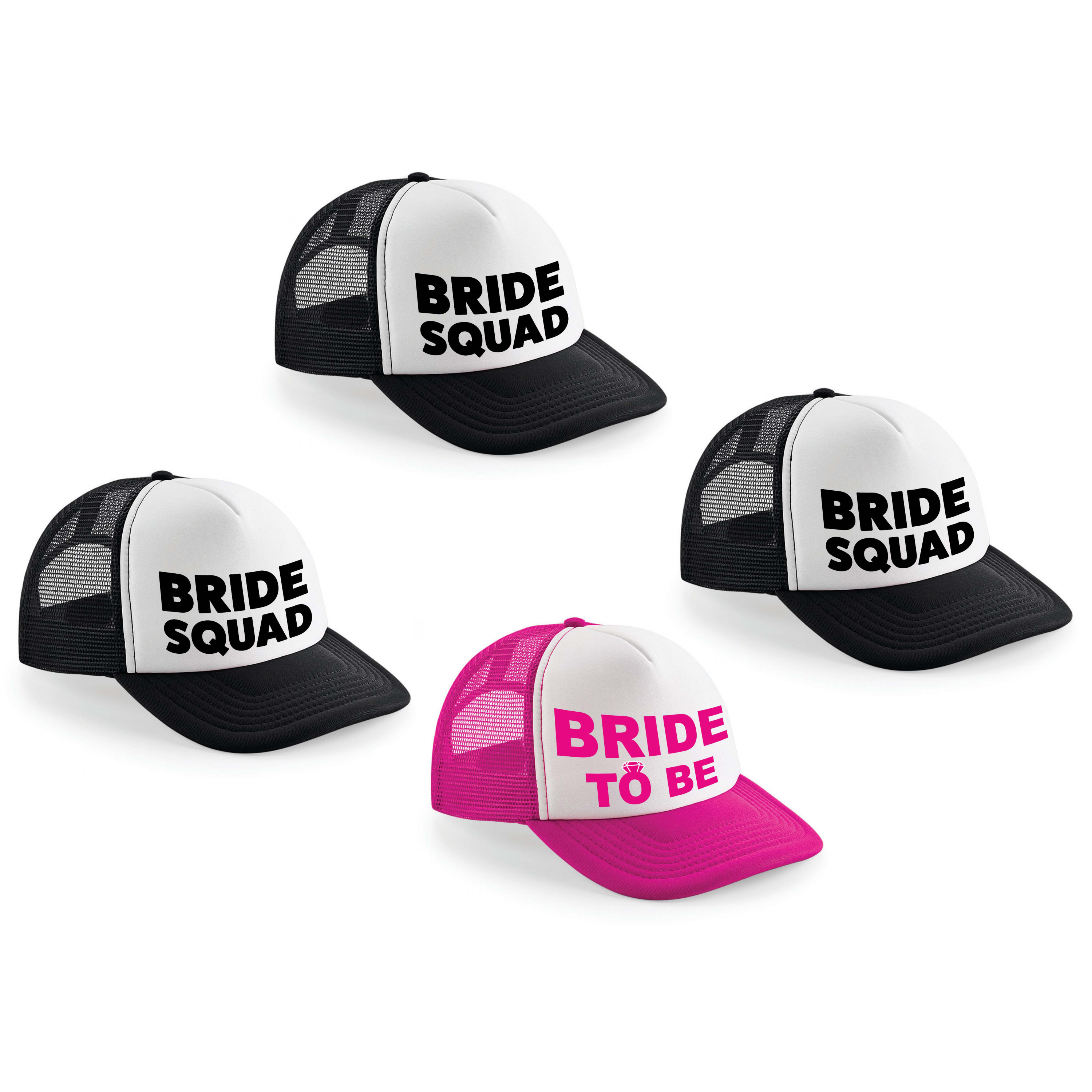 Vrijgezellenfeest dames petjes pakket blokletters - 1x Bride to Be roze + 9x Bride Squad zwart -