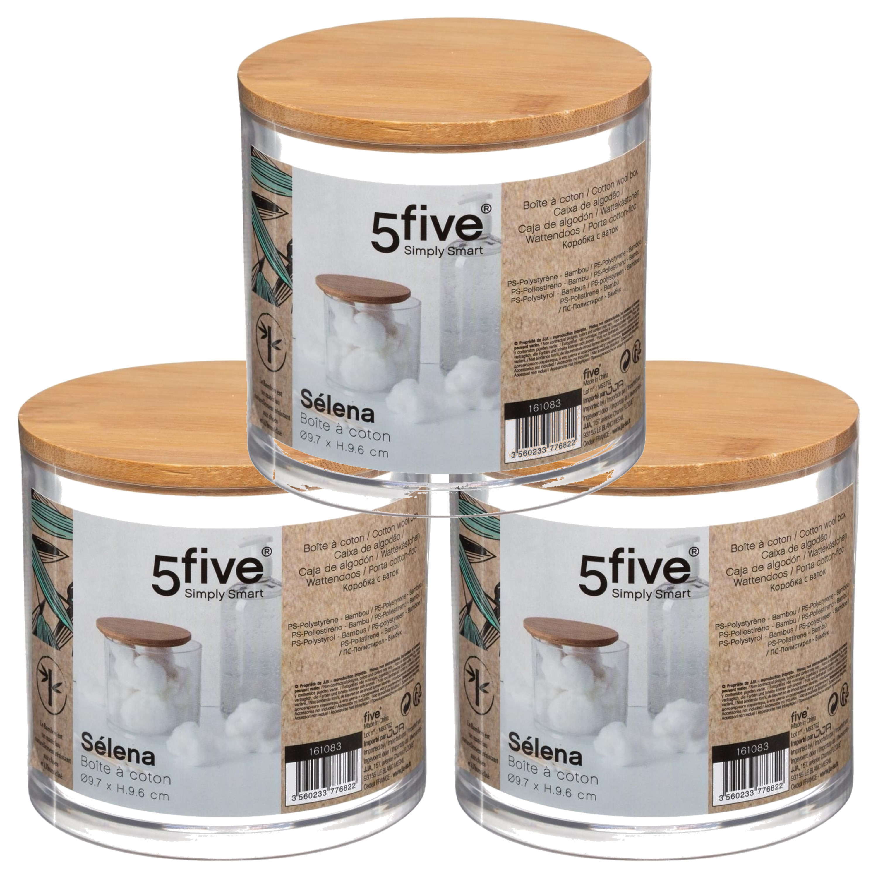 Set van 3x stuks watten houder/box/dispenser 9,5 x 9,5 cm van kunststof/bamboe -