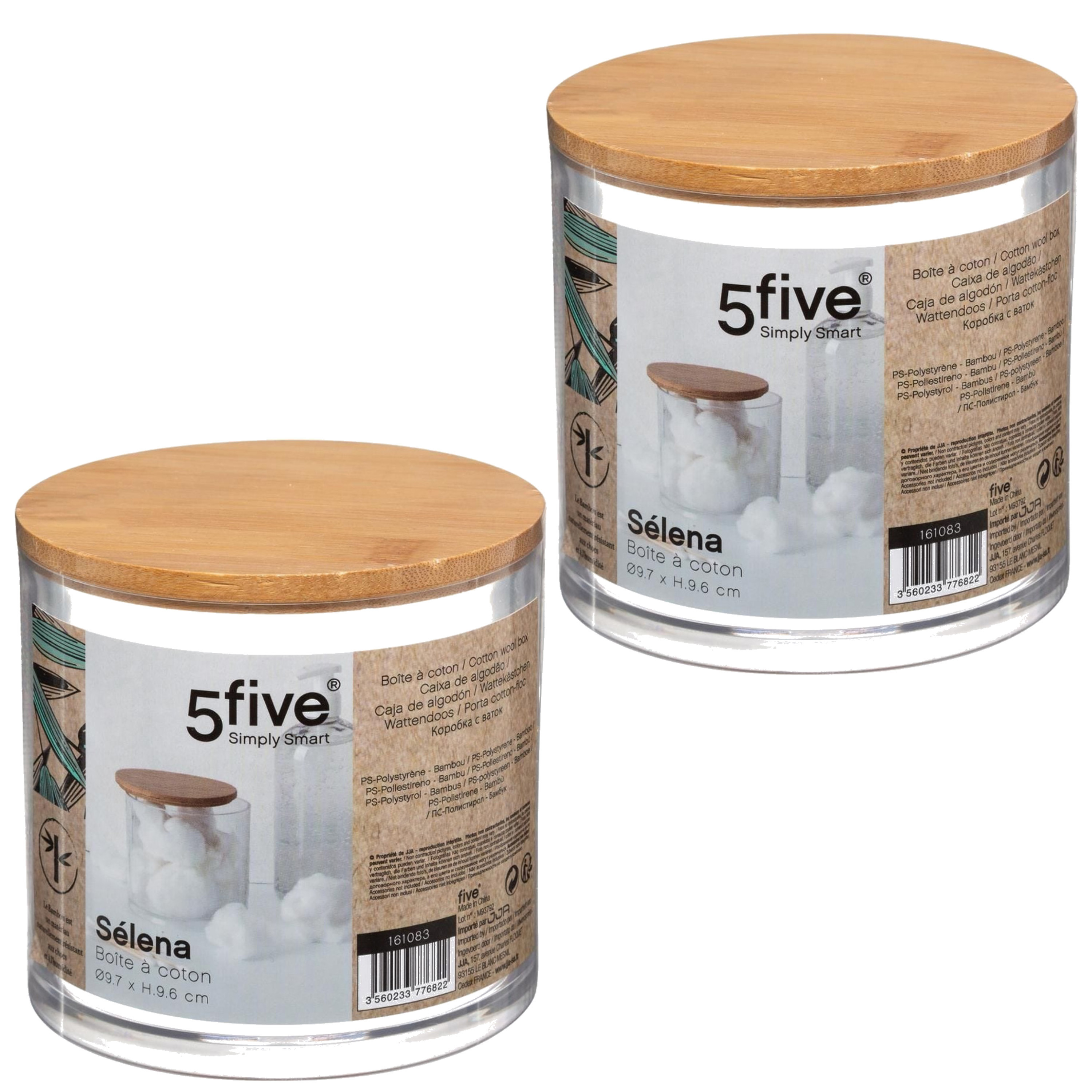 Set van 2x stuks watten houder/box/dispenser 9,5 x 9,5 cm van kunststof/bamboe -
