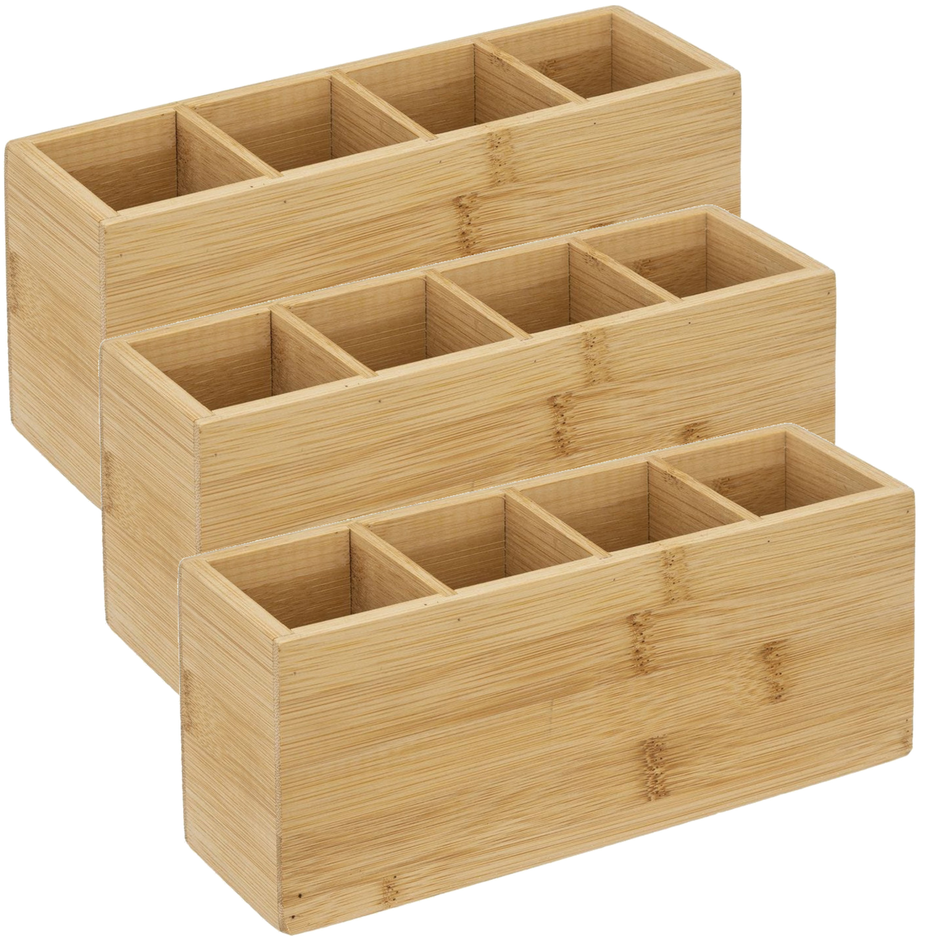 Set van 3x stuks make-up organizer 4 vakken rechthoek 22,5 x 7 cm van bamboe -