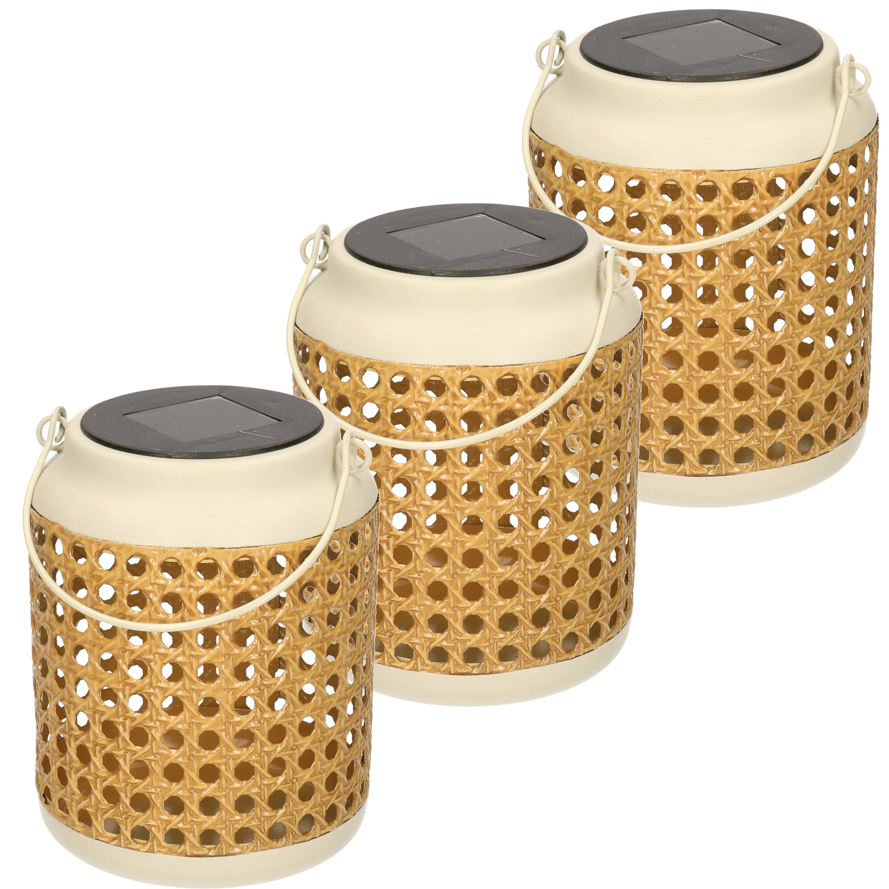 Solar lantaarn rotan - set 3x wit - 17 cm - Tuinlantaarns - Tuinverlichting -