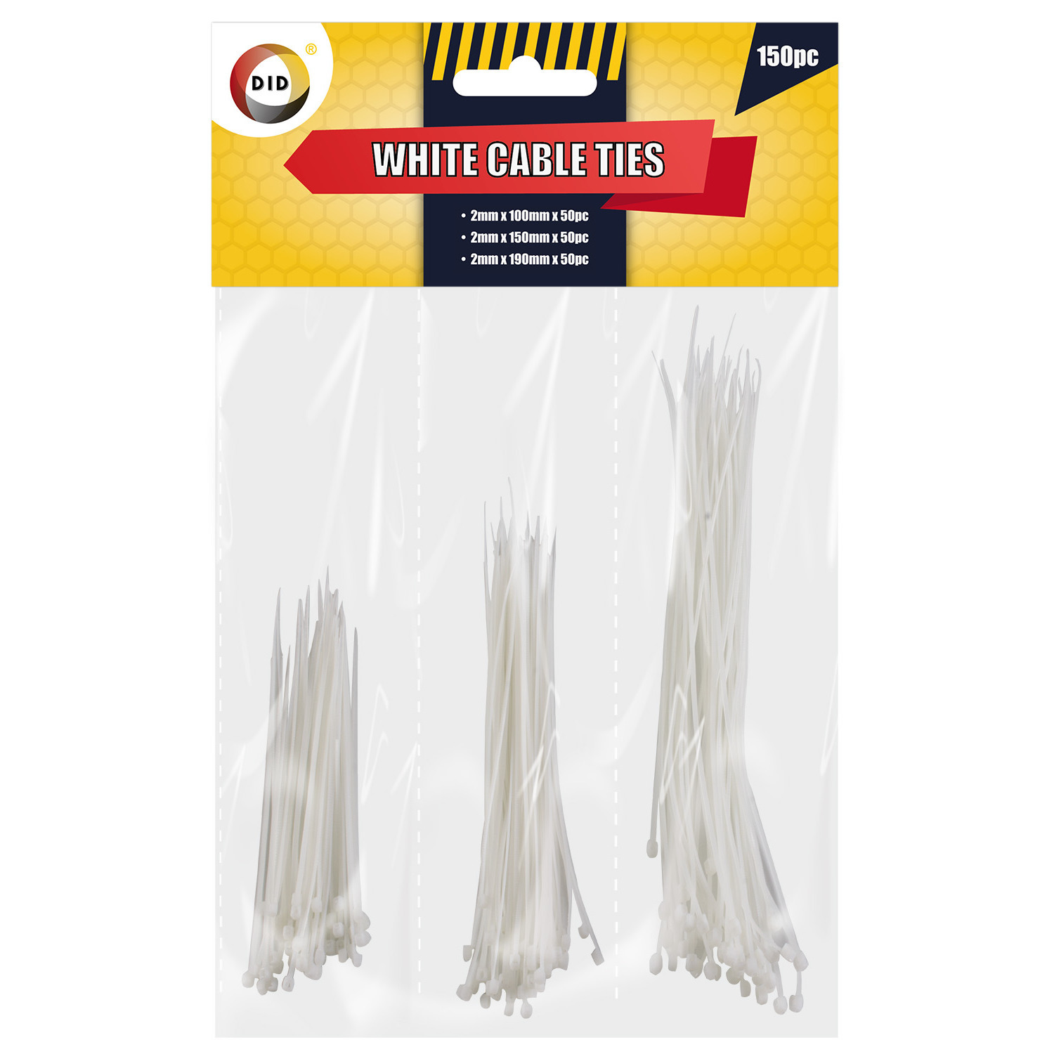 150x stuks Kabelbinders tie-wraps wit 10-15-19 cm -