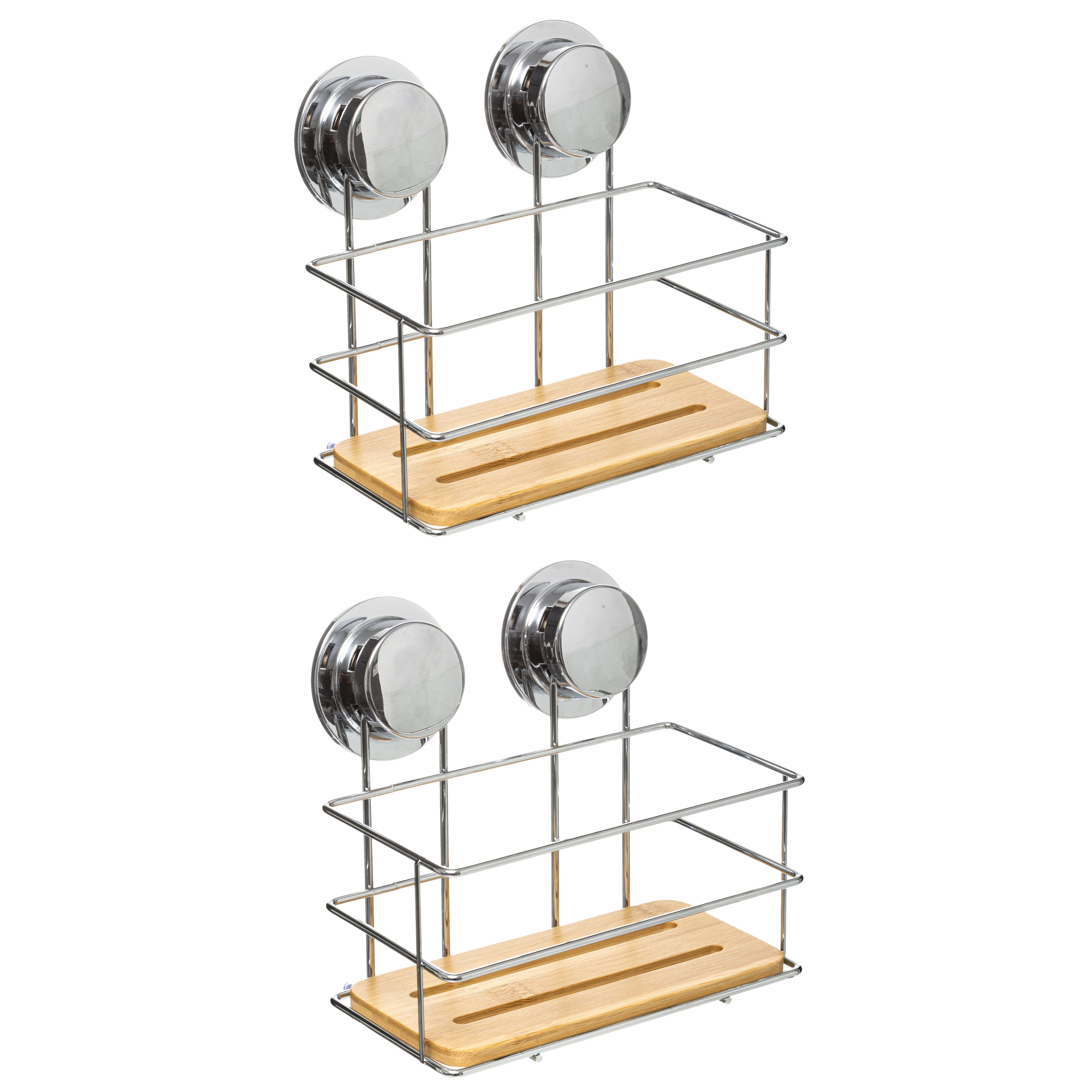 Set van 2x stuks doucherekje/badkamerrekje metaal/bamboe hout met zuignappen 19 x 12 x 18 cm -