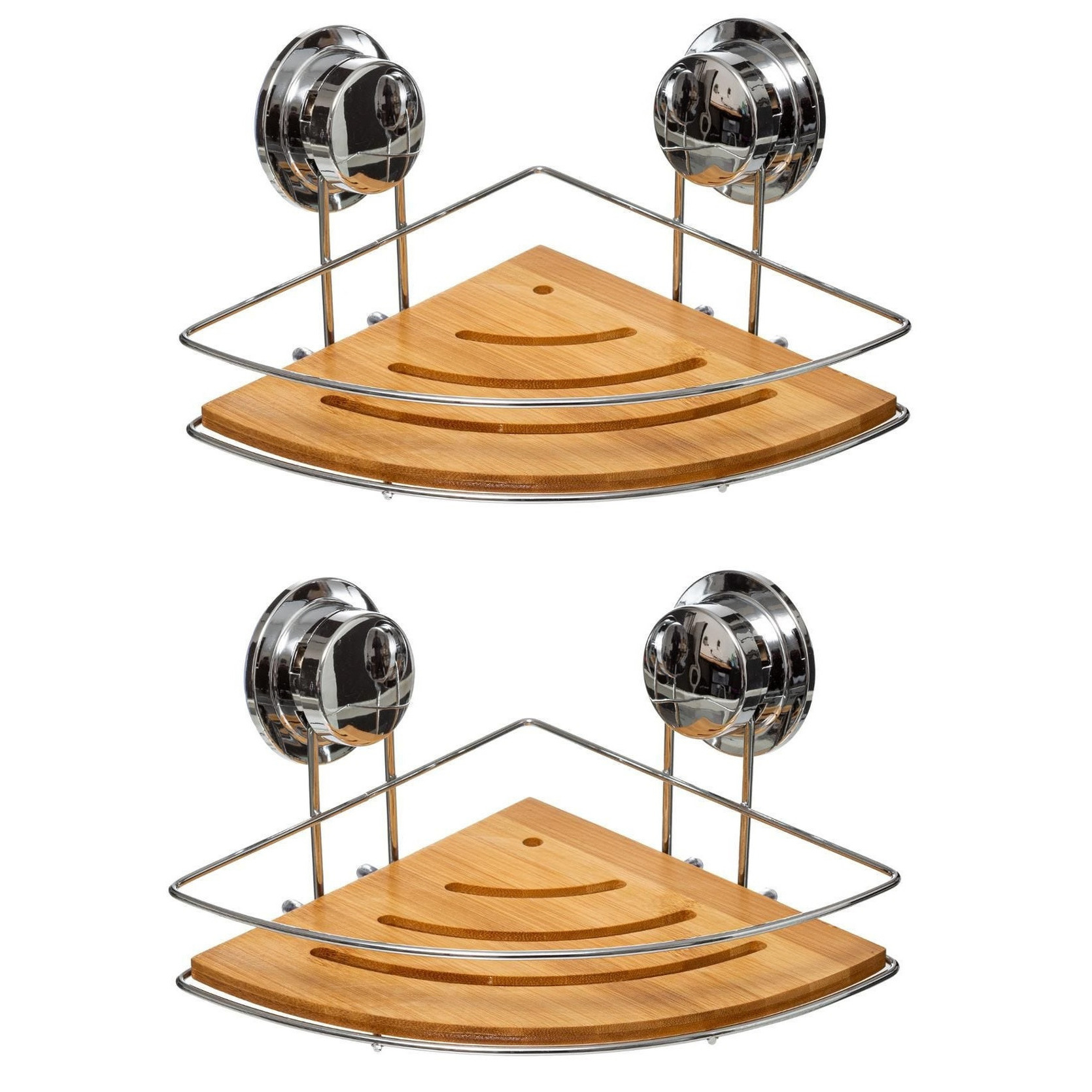 Set van 2x stuks doucherekje/badkamerrekje hoek metaal/bamboe hout met zuignappen 27 x 20 x 12 cm -