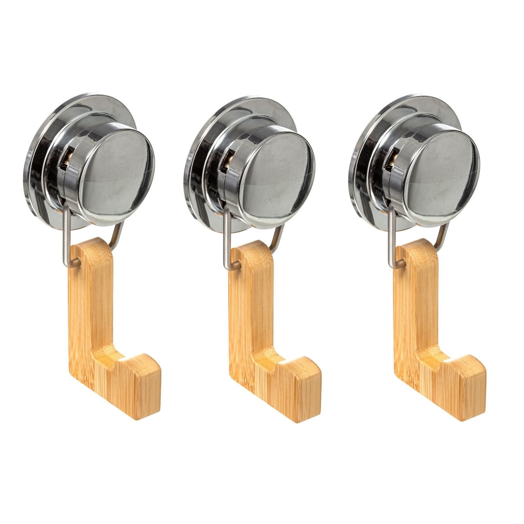 Set van 3x stuks badkamer handdoekhaakje/ophanghaakje bamboe hout met zuignap -