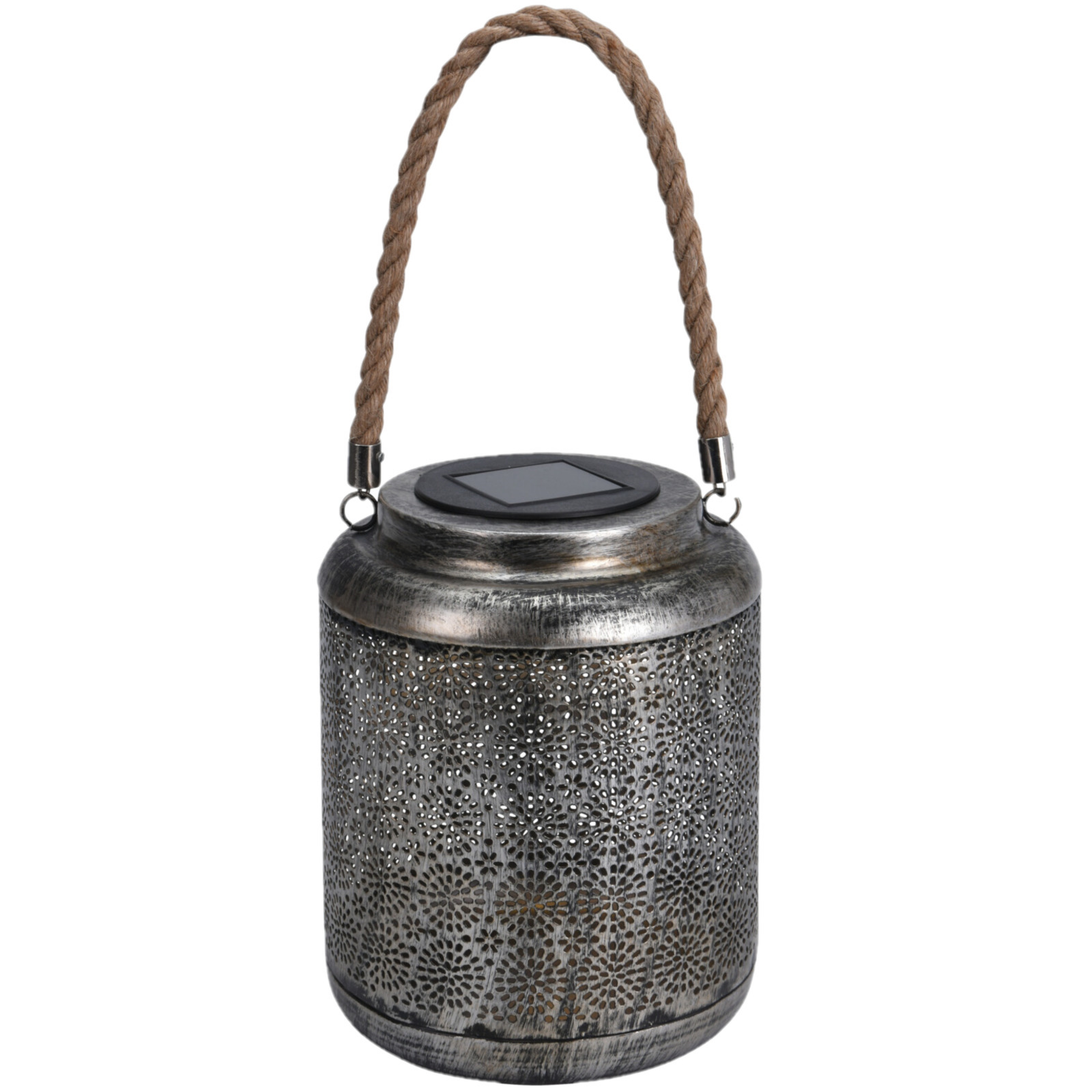 Solar lantaarn met bloem patroon metaal antiek zilver 22 cm -