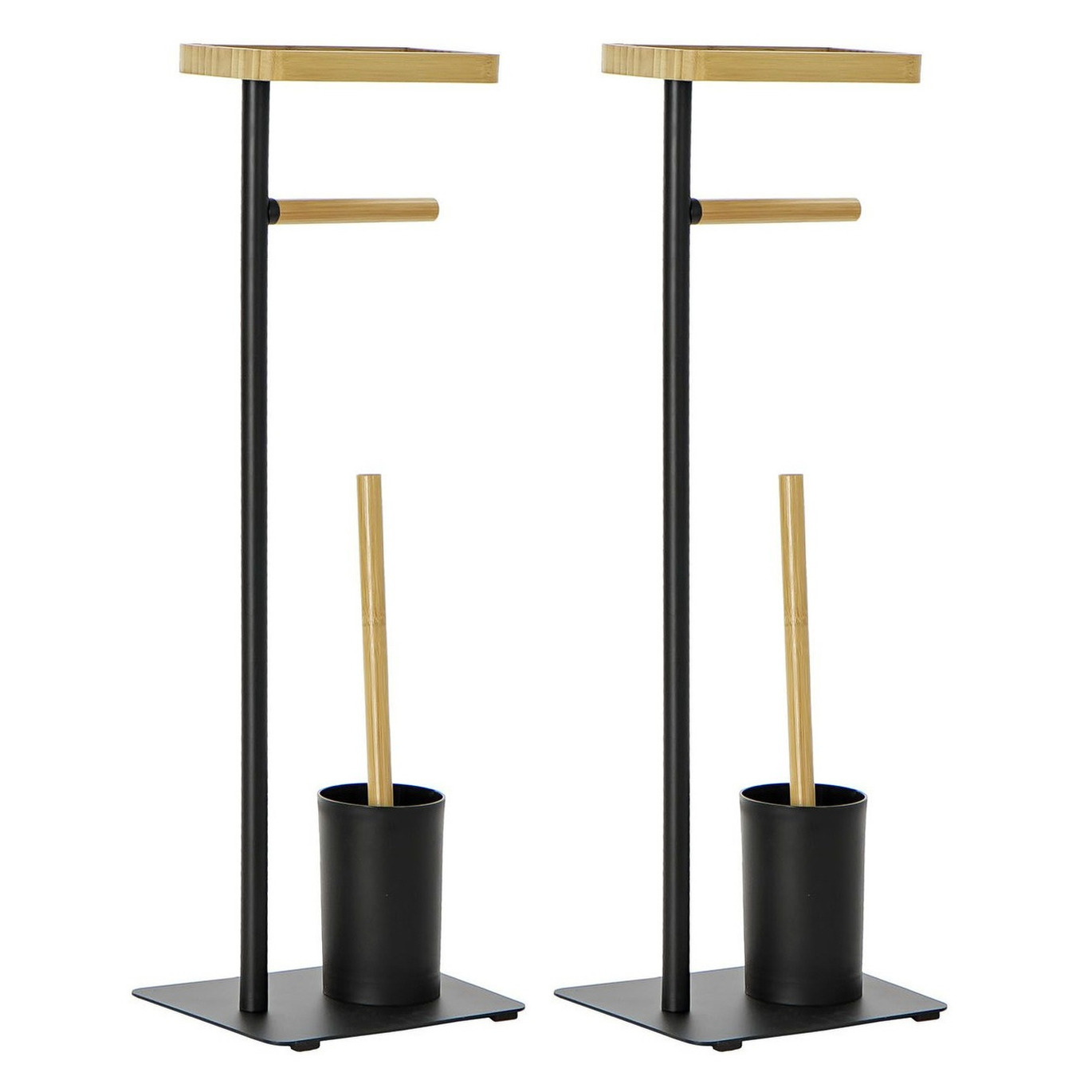 2x stuks toiletborstels met toiletrolhouder zwart kunststof/bamboe 67 cm -