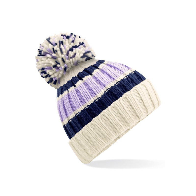 Beechfield Wintermuts met Pompon - creme/lila - volwassenen - 100% soft-acryl One size -