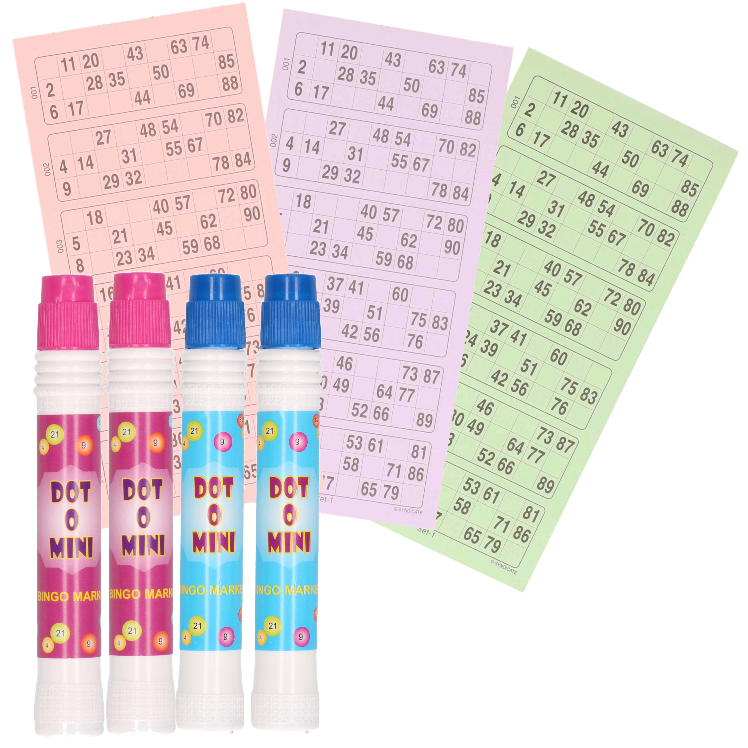 4x Bingostiften in paars en blauw + 100x bingokaarten -