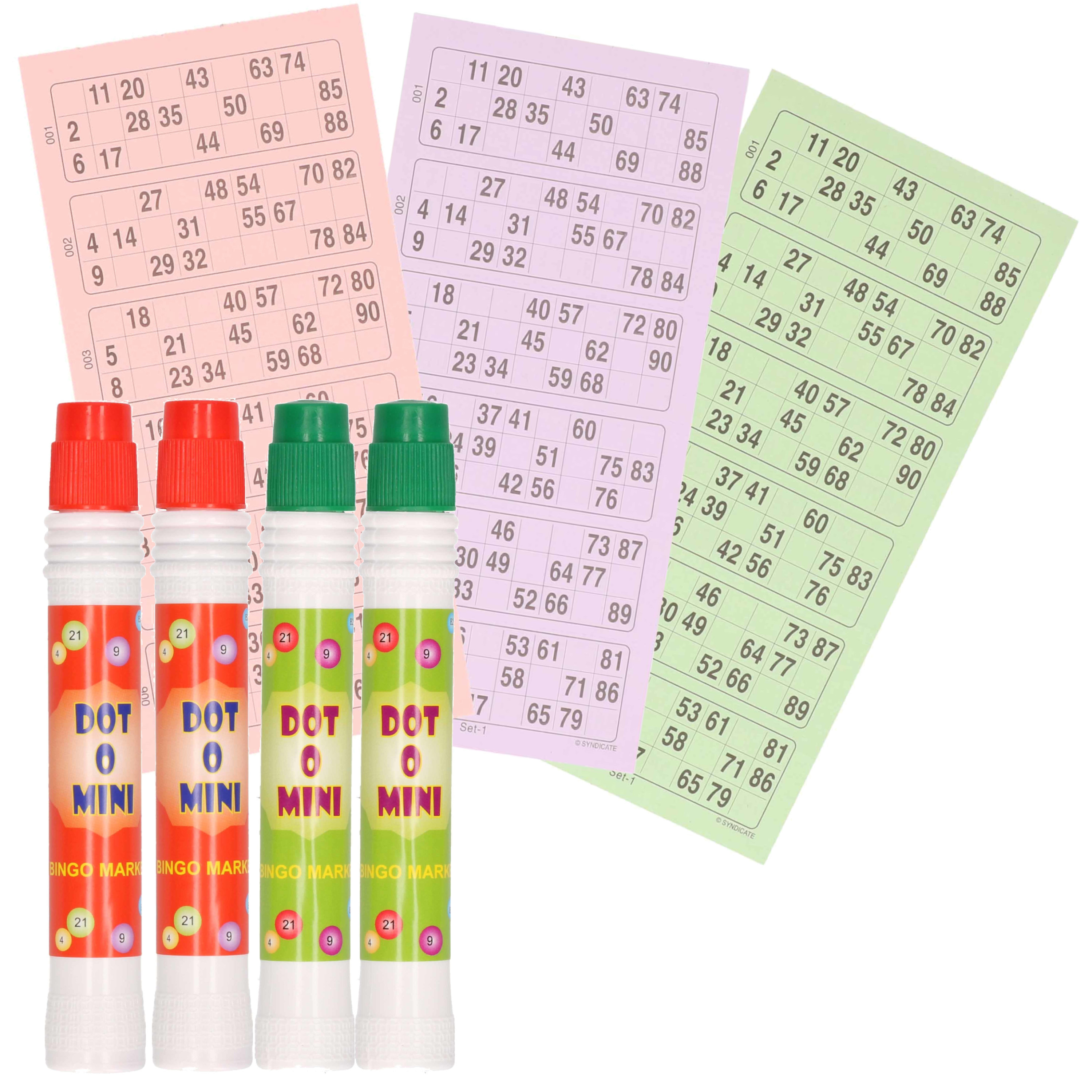 4x Bingostiften in rood en groen + 100x bingokaarten -