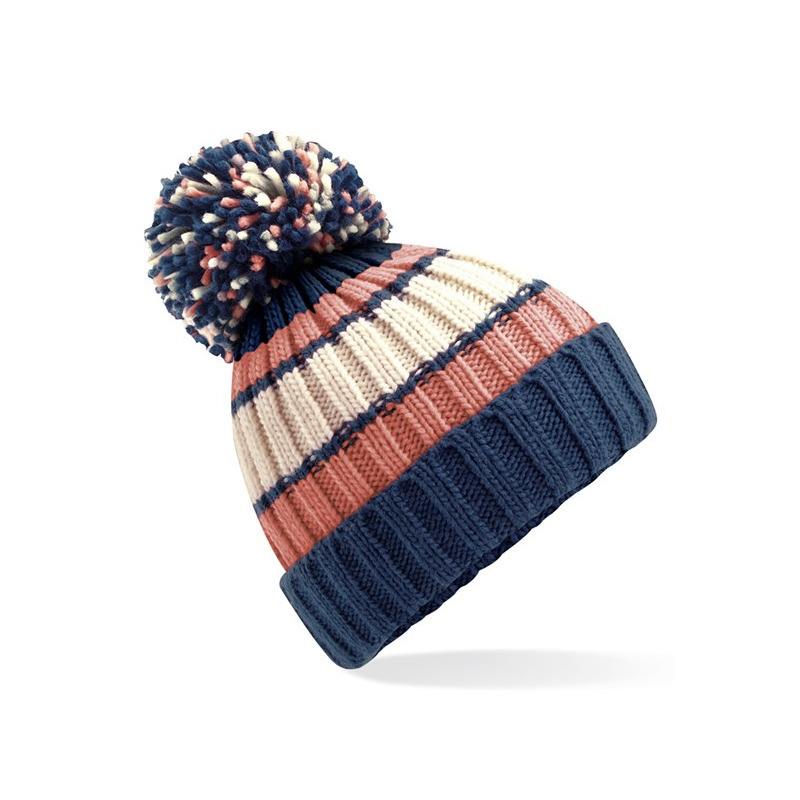 Beechfield Wintermuts met Pompon - blauw/oud roze - volwassenen - 100% soft-acryl One size -