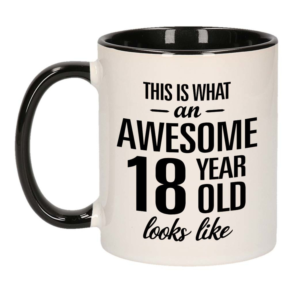 Awesome 18 year old mok / beker zwart wit 300 ml - Verjaardag mokken -