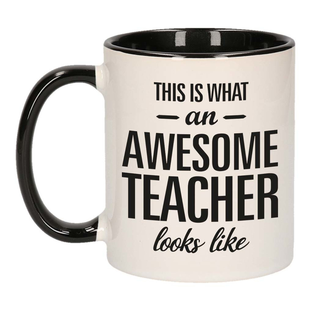 Awesome teacher / Geweldige leerkracht mok / beker zwart wit 300 ml - Cadeau mokken -