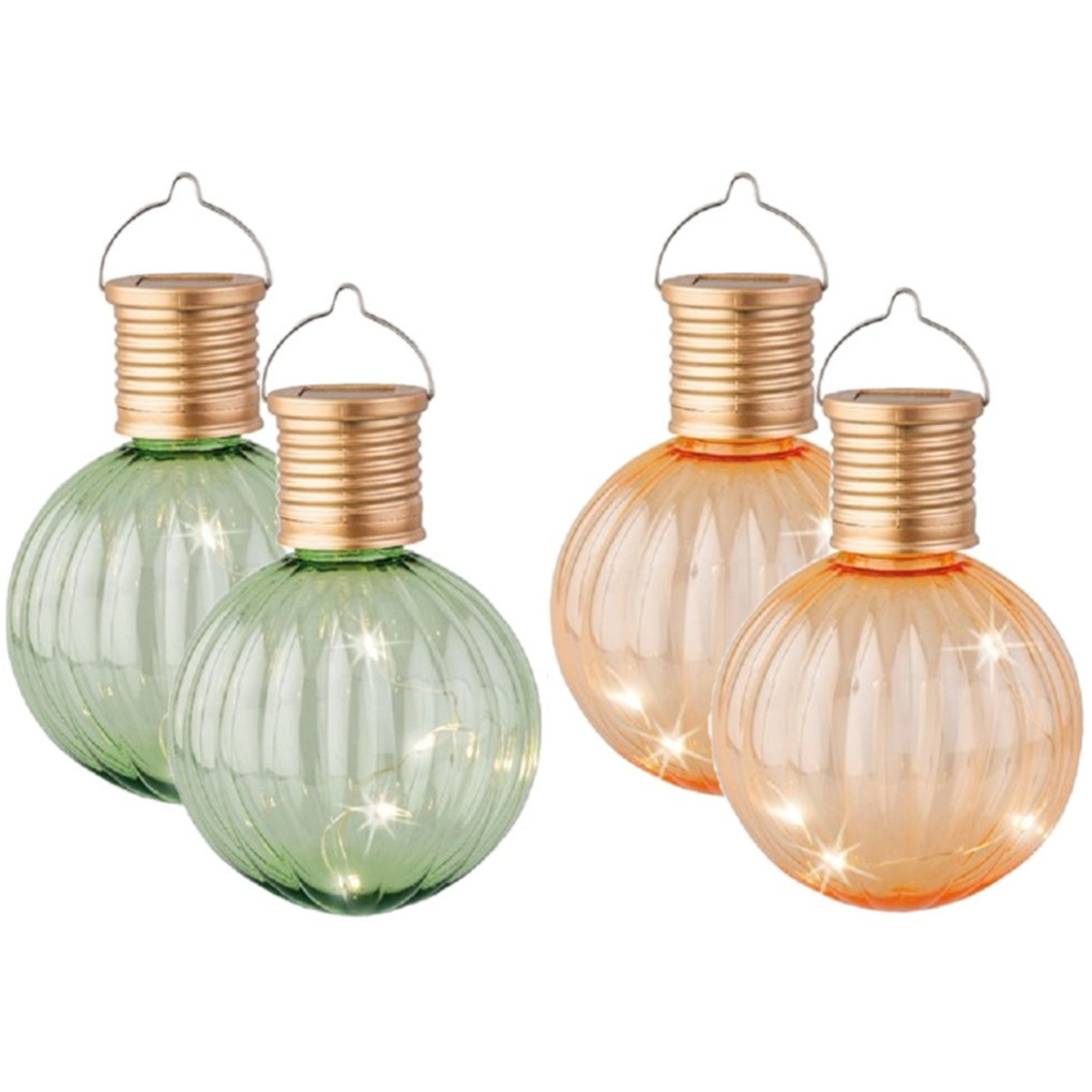 Set van 4x stuks buiten led lichtgroene en oranje lampion solar verlichting 11 cm -