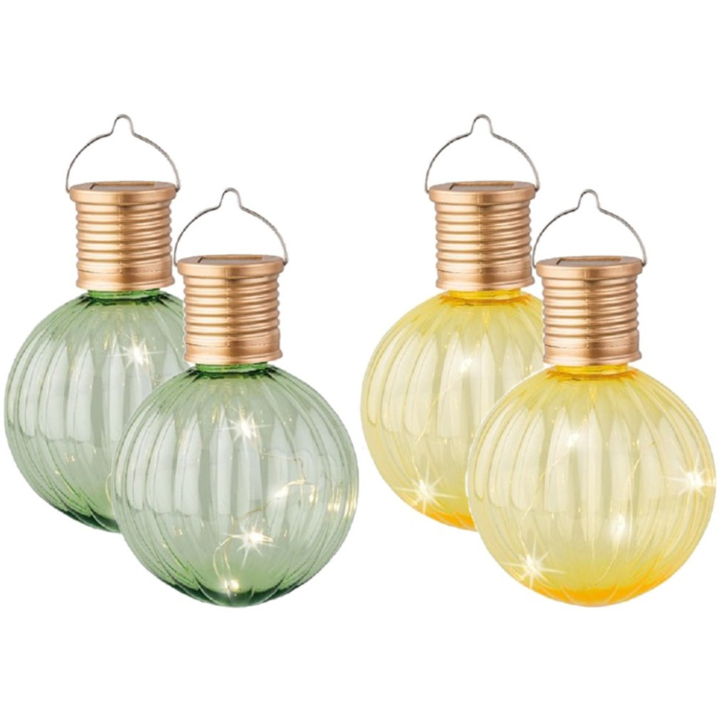 Set van 4x stuks buiten led lichtgroene en gele lampion solar verlichting 11 cm -