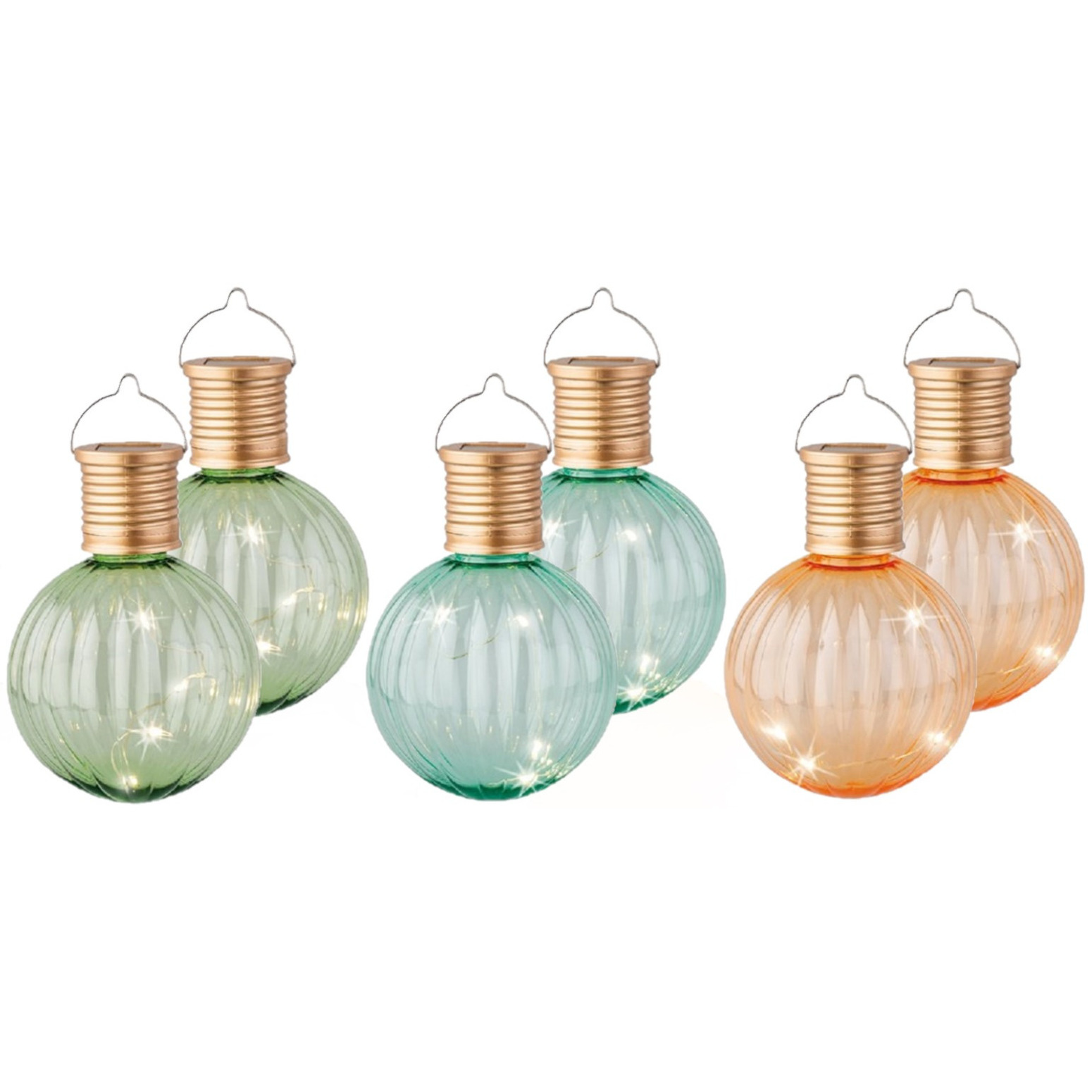 Set van 6x stuks buiten led lichtgroene, turquoise en oranje lampion solar verlichting 11 cm -