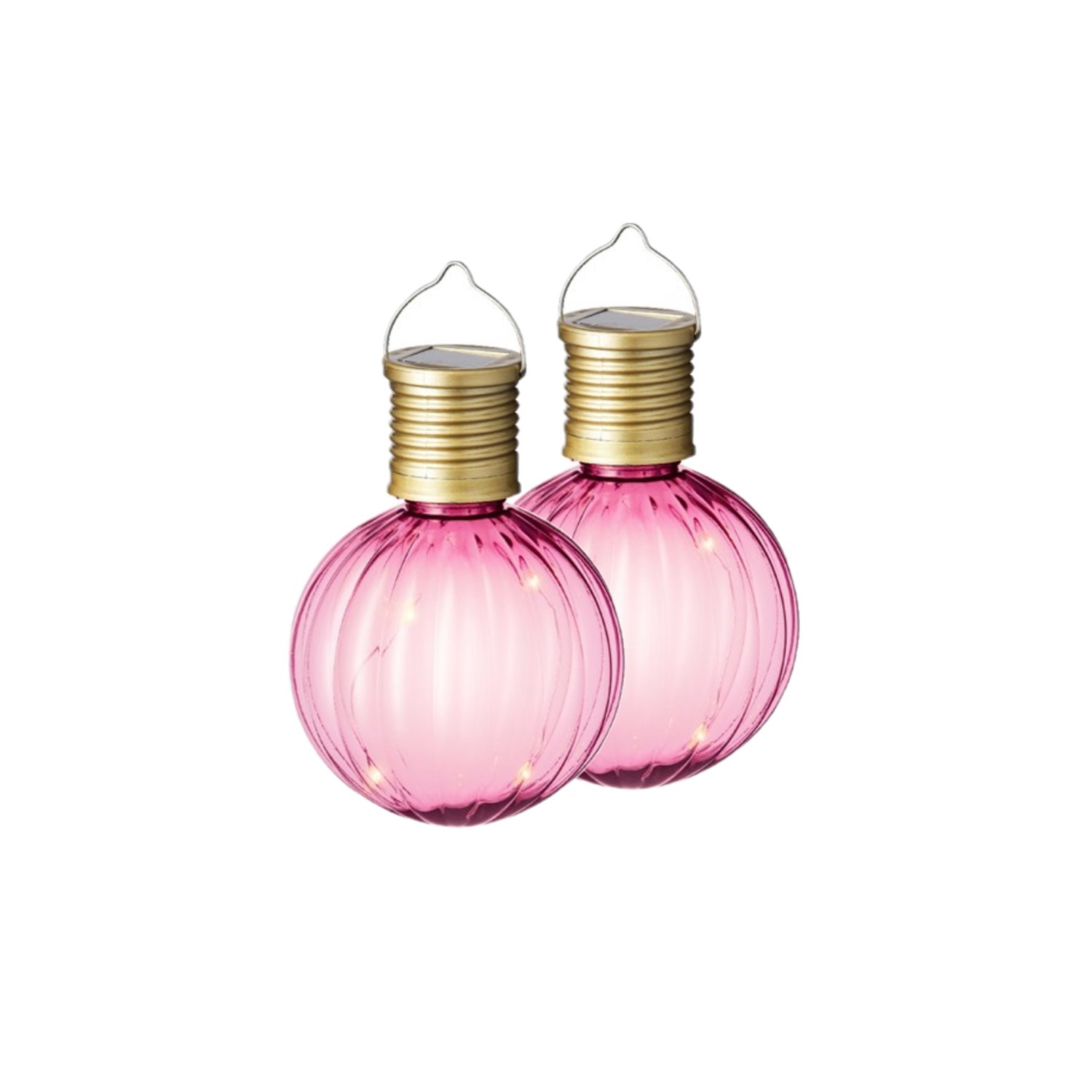 2x Buiten Led roze lampion solar verlichting 11 cm -
