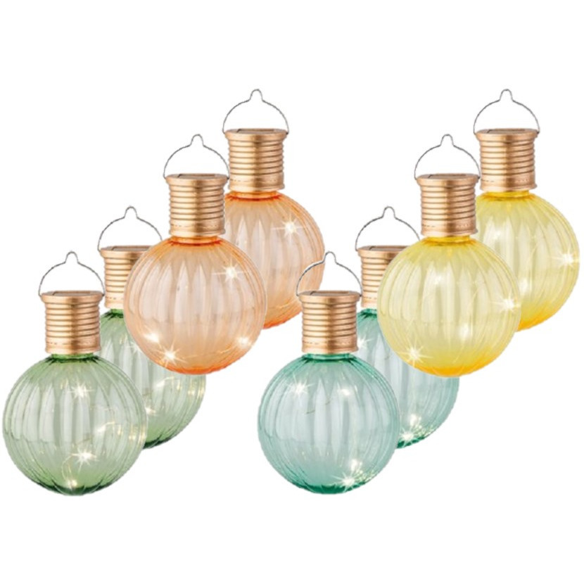 Set van 8x stuks buiten led lichtgroene, turquoise, oranje en gele lampion solar verlichting 11 cm -