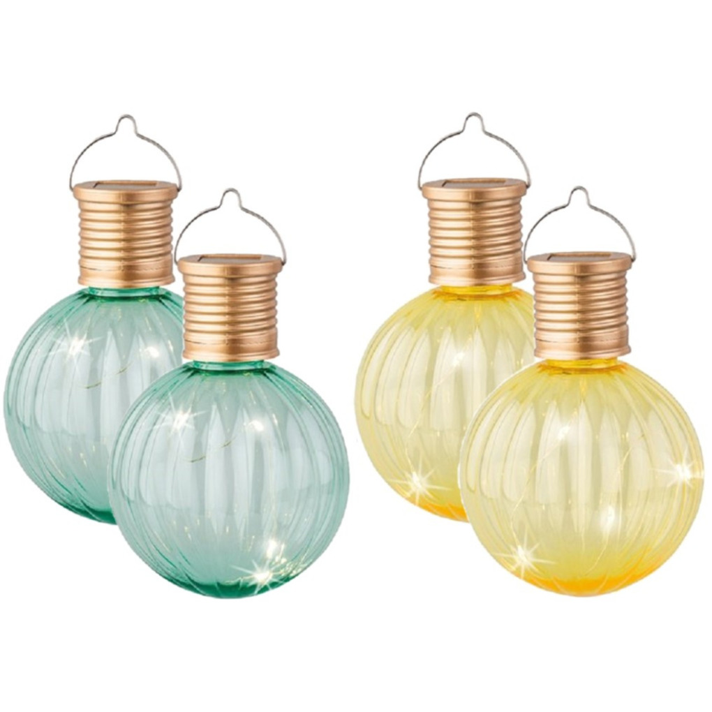 Set van 10x stuks buiten led gele en turquoise lampion solar verlichting 11 cm -