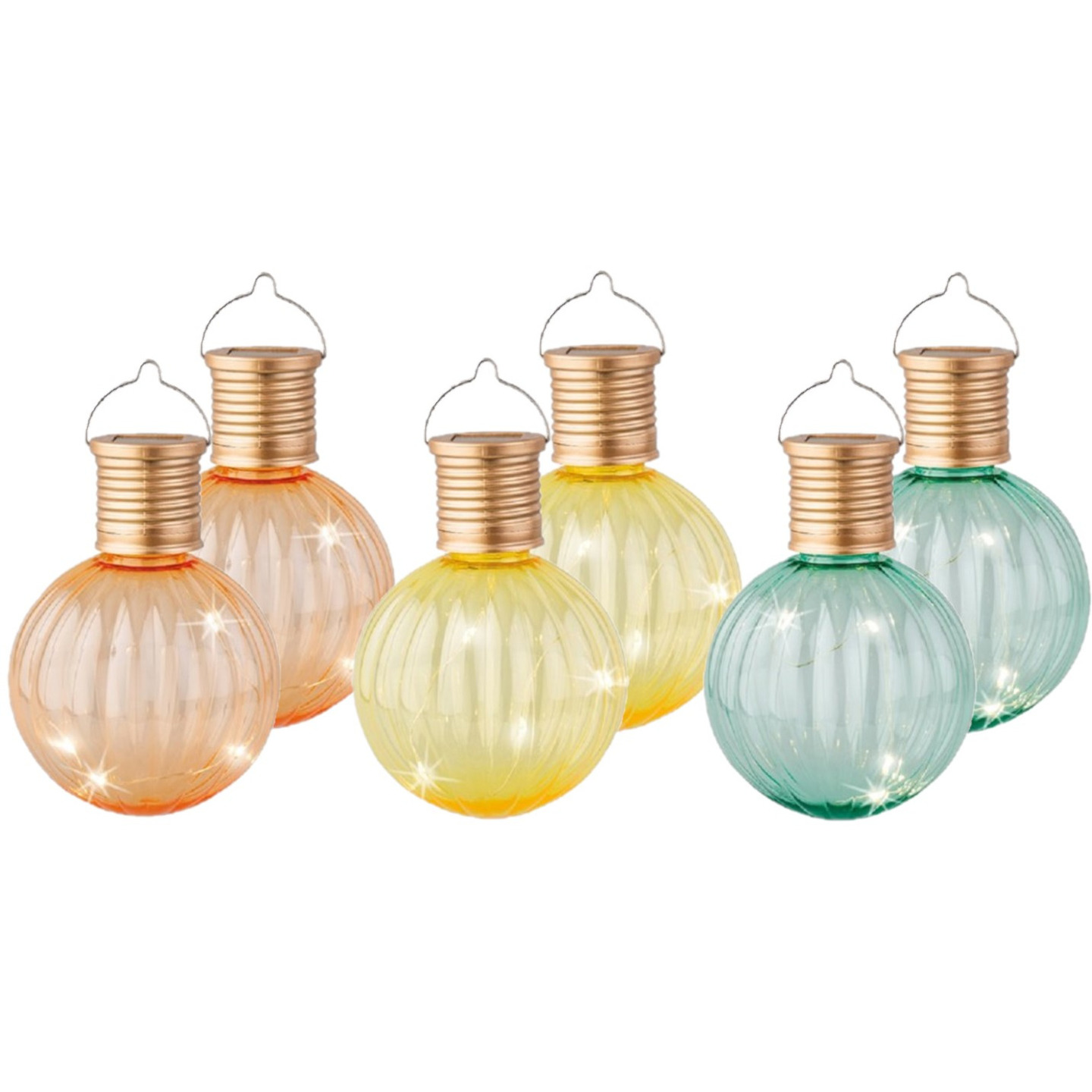 Set van 6x stuks buiten led turquoise, oranje en gele lampion solar verlichting 11 cm -