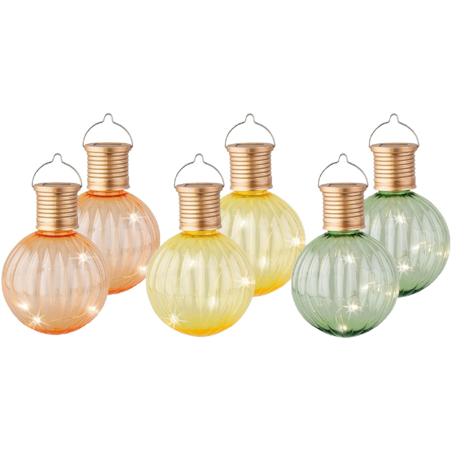 Set van 9x stuks buiten led lichtgroene, oranje en gele lampion solar verlichting 11 cm -