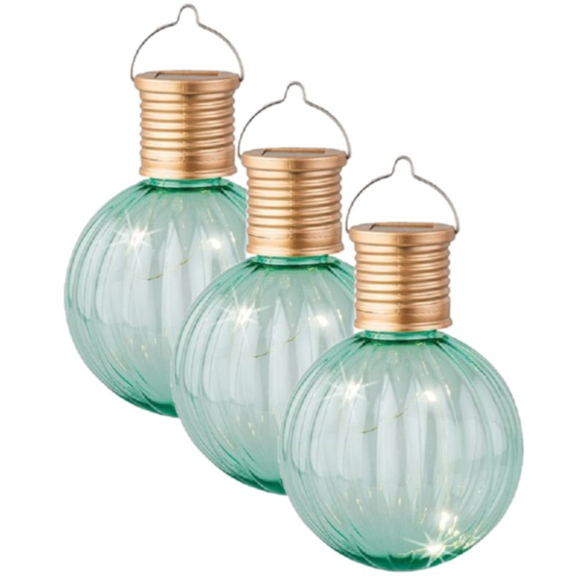 Lampion solar verlichting - 3x - turquoise - 11 cm - LED -