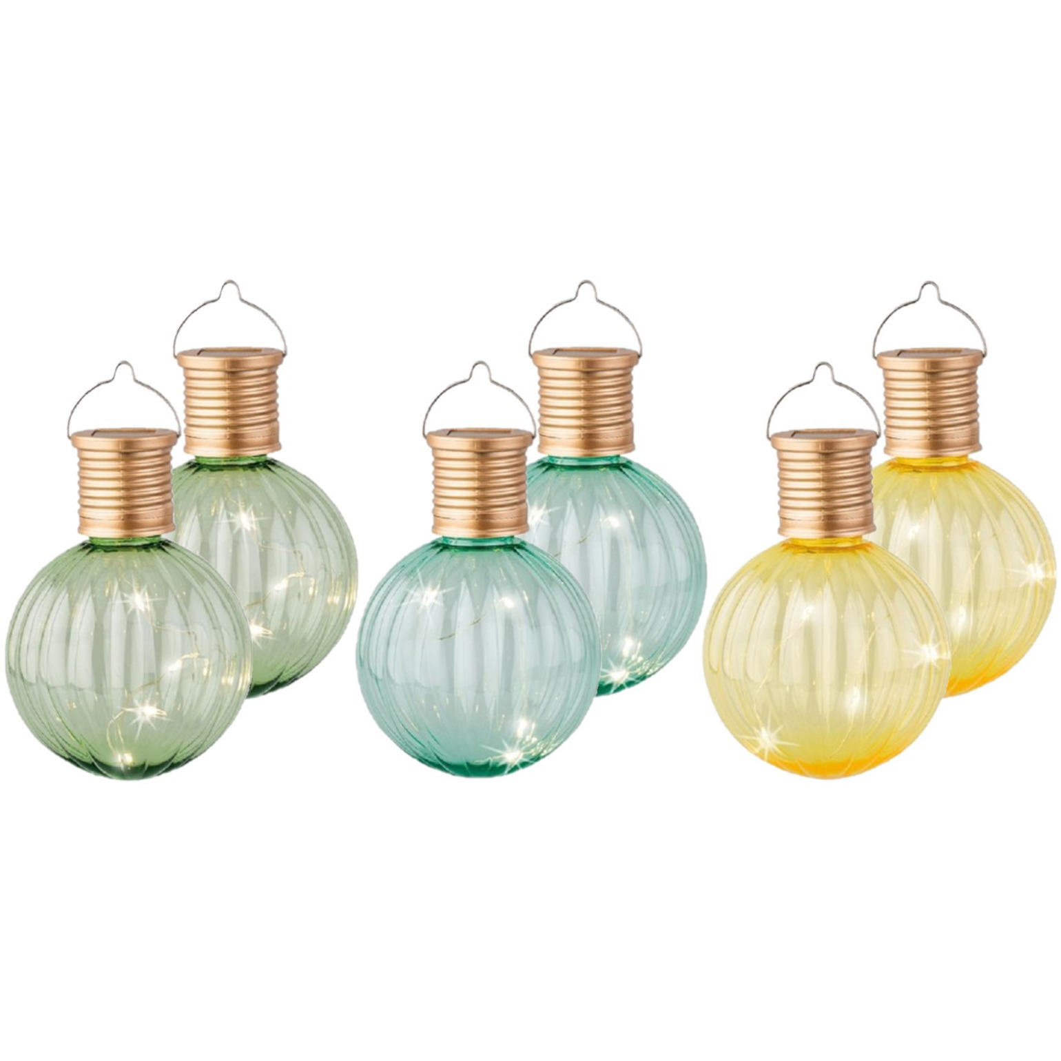 Set van 9x stuks buiten led lichtgroene, turquoise en gele lampion solar verlichting 11 cm -