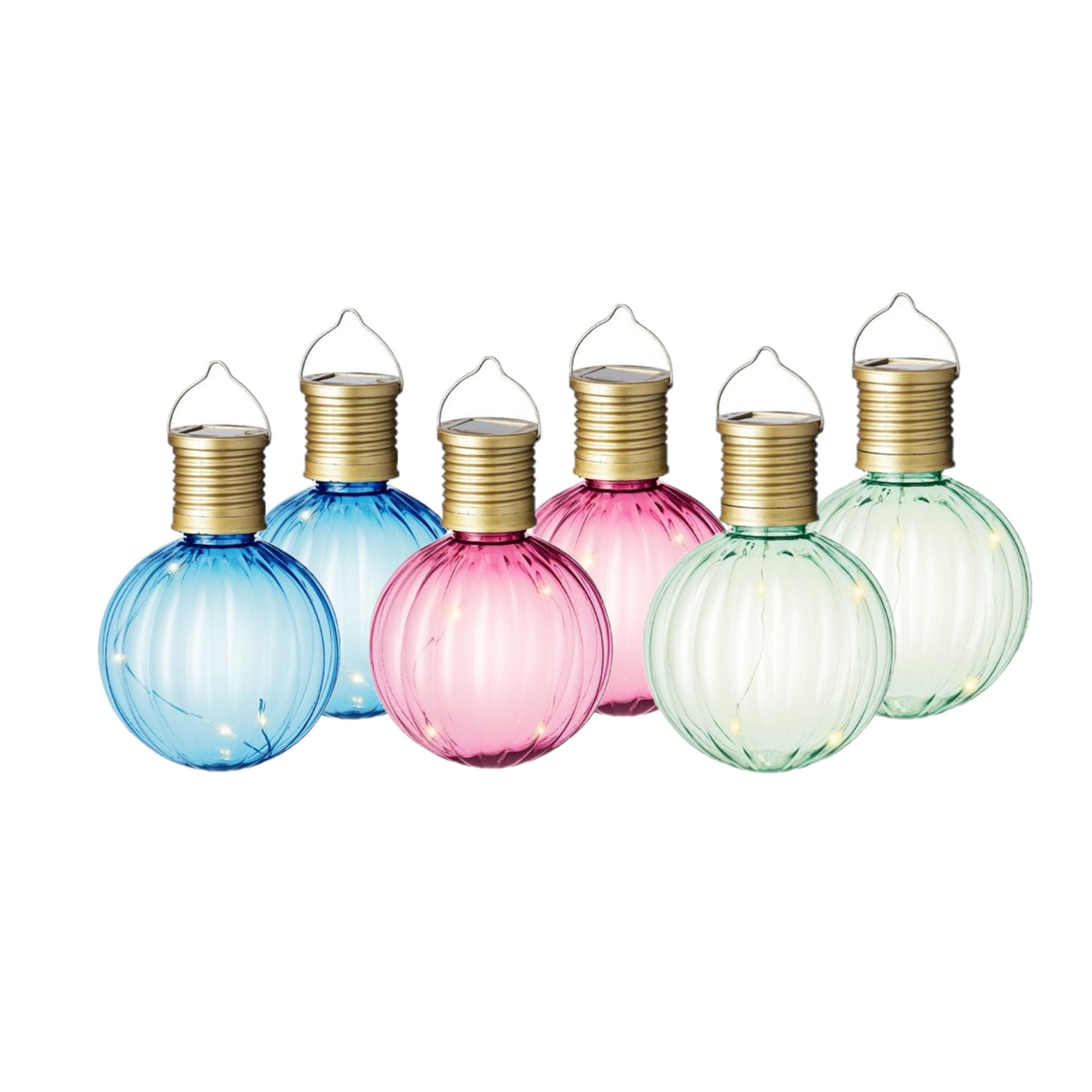 Set van 9x stuks buiten led roze, blauwe en groene lampion solar verlichting 11 cm -