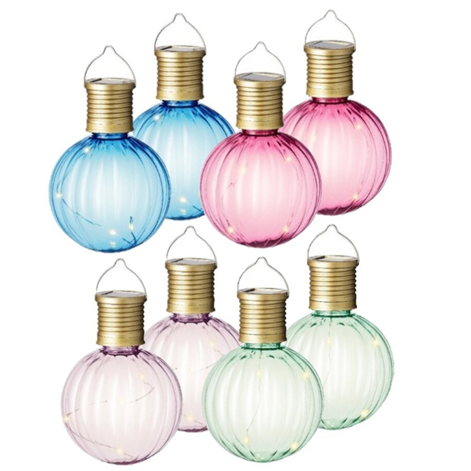 Set van 8x stuks buiten led lichtroze, groene, blauwe en roze lampion solar verlichting 11 cm -
