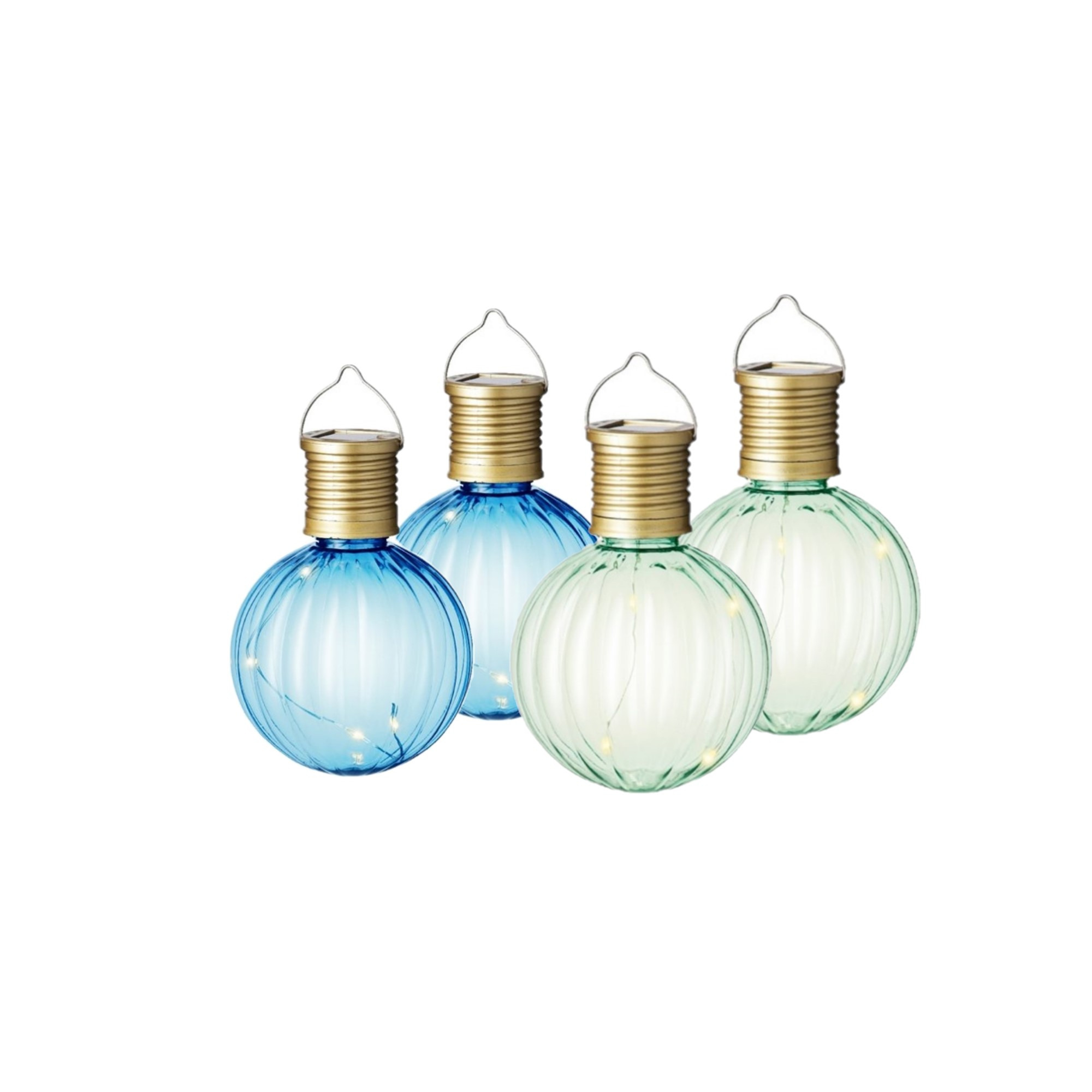 Set van 4x stuks buiten led groene en blauwe lampion solar verlichting 11 cm -