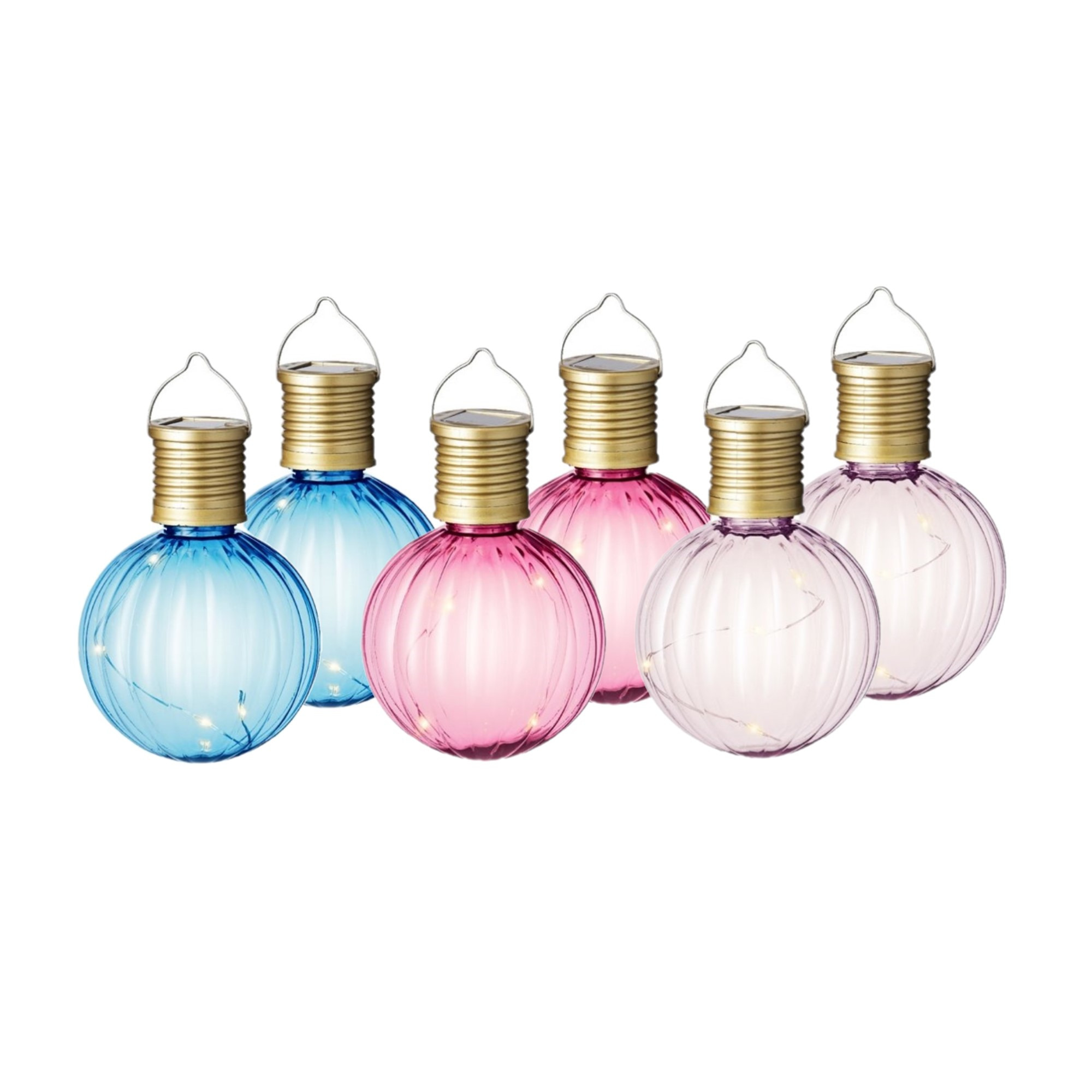 Set van 6x stuks buiten led lichtroze, blauwe en roze lampion solar verlichting 11 cm -