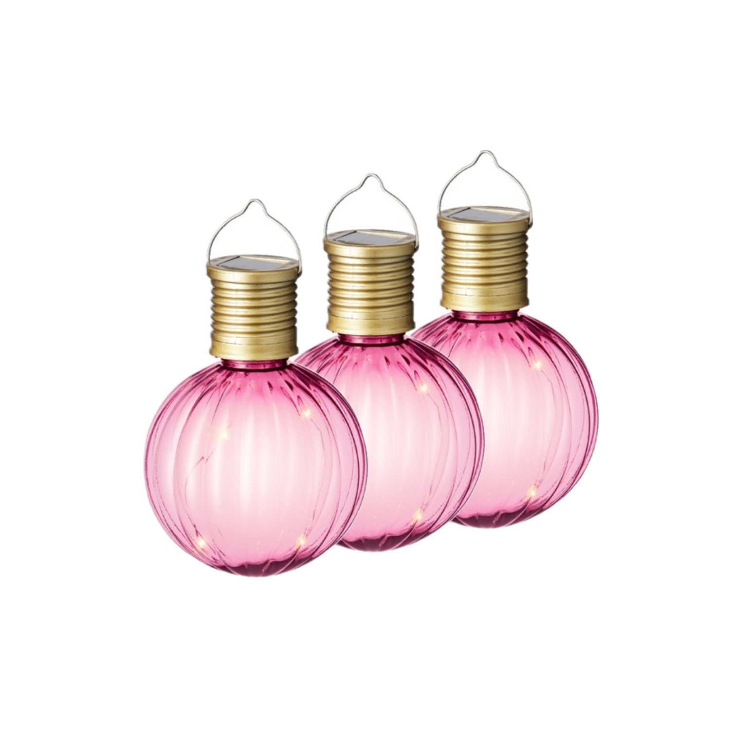 3x Buiten Led roze lampion solar verlichting 11 cm -