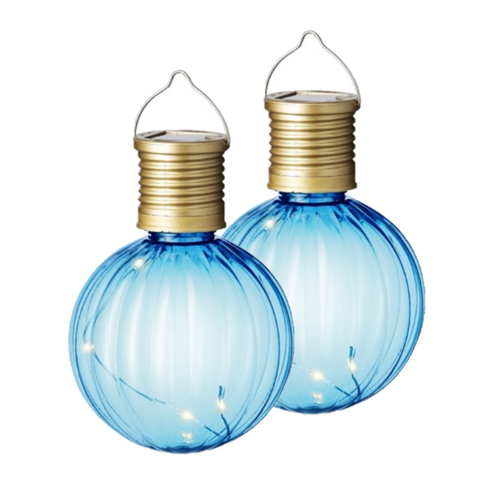 2x Buiten Led blauwe lampion solar verlichting 11 cm -