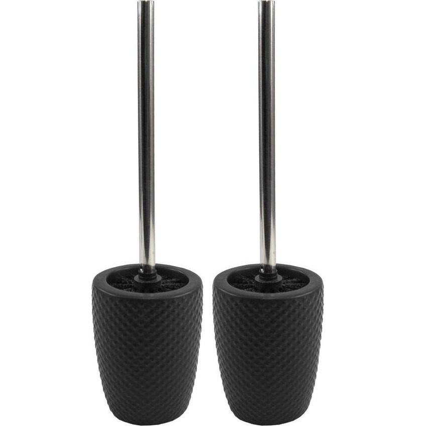 Set van 2x stuks wc/toiletborstels RVS 40 cm met keramiek toiletborstelhouder zwart -