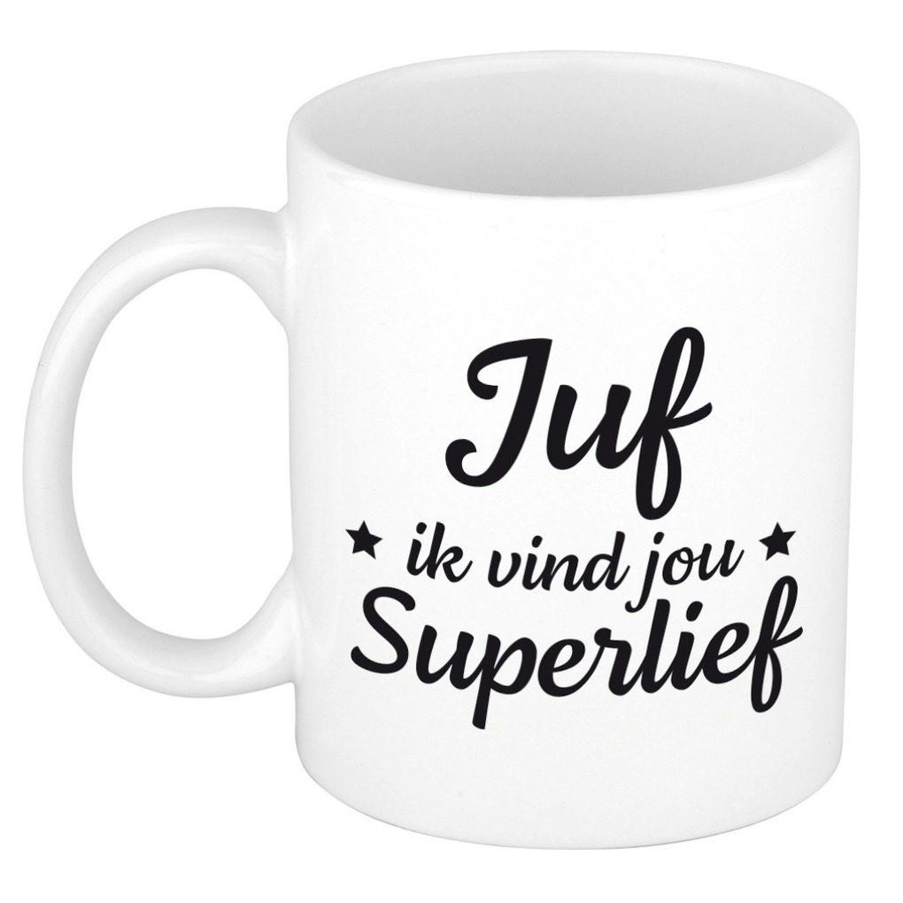 Juf ik vind jou super lief cadeau mok / beker wit 300 ml - Cadeau mokken -